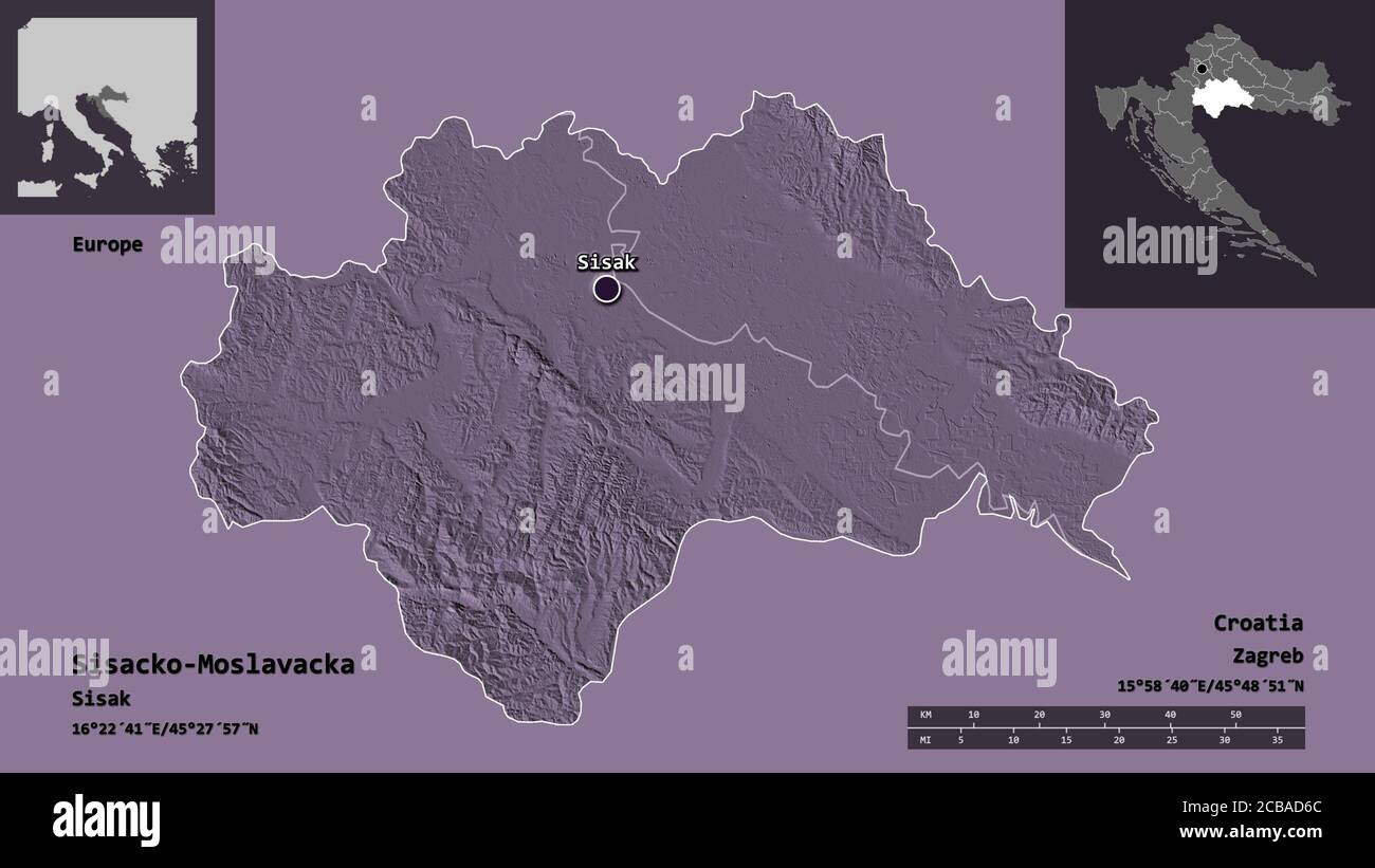 Form von Sisacko-Moslavacka, Kreis von Kroatien, und seine Hauptstadt. Entfernungsskala, Vorschauen und Beschriftungen. Farbige Höhenkarte. 3D-Rendering Stockfoto