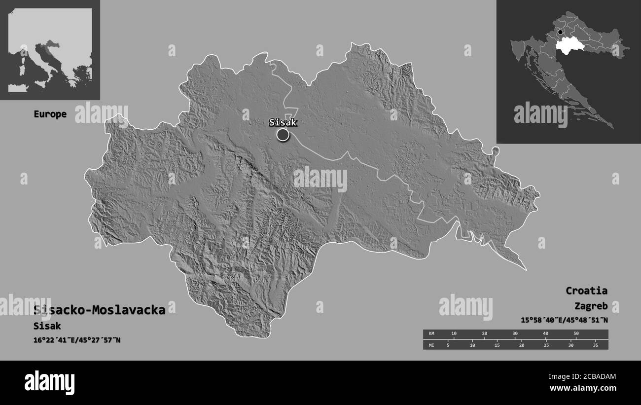 Form von Sisacko-Moslavacka, Kreis von Kroatien, und seine Hauptstadt. Entfernungsskala, Vorschauen und Beschriftungen. Höhenkarte mit zwei Ebenen. 3D-Rendering Stockfoto