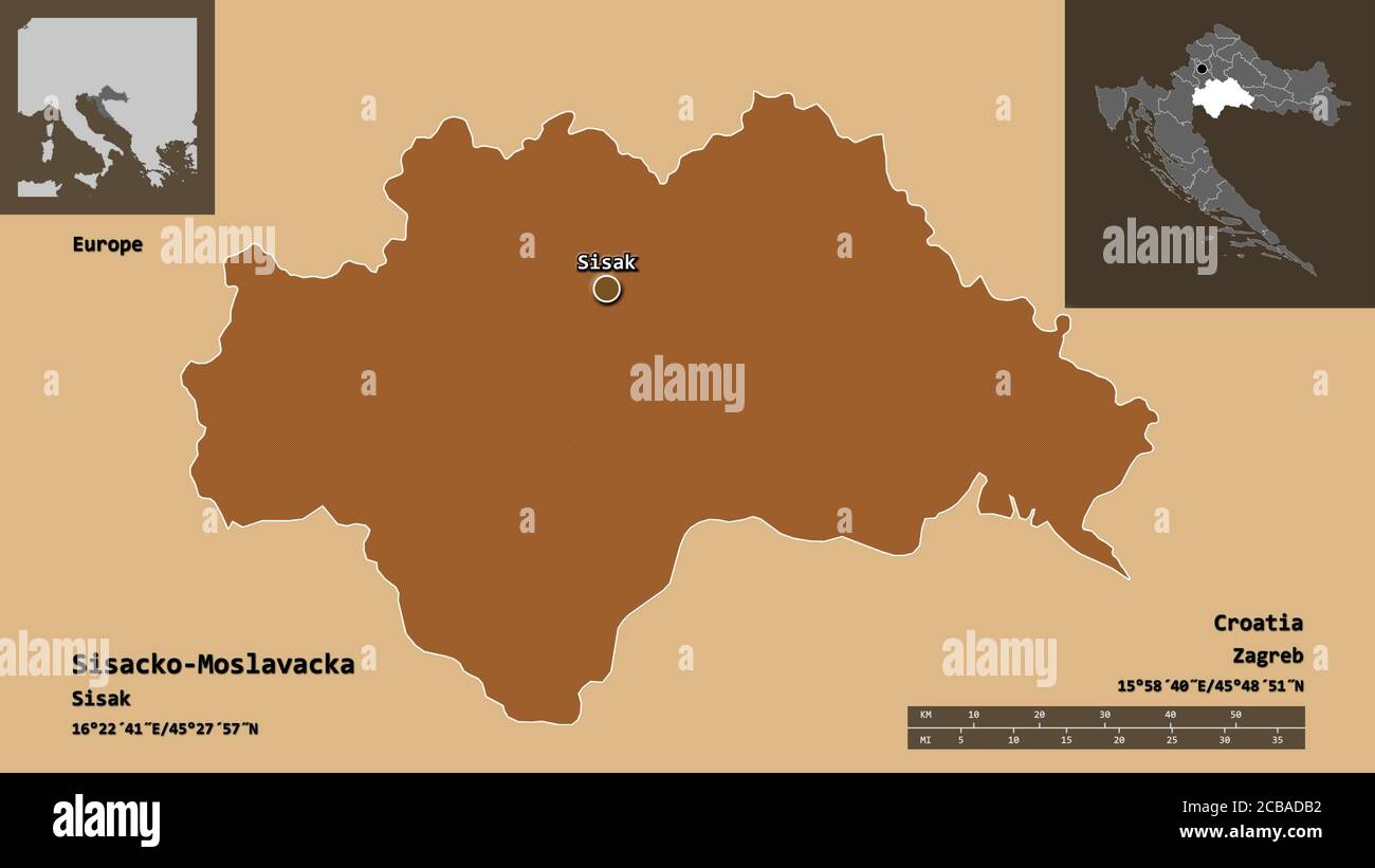 Form von Sisacko-Moslavacka, Kreis von Kroatien, und seine Hauptstadt. Entfernungsskala, Vorschauen und Beschriftungen. Komposition von gemusterten Texturen. 3D-Rendering Stockfoto