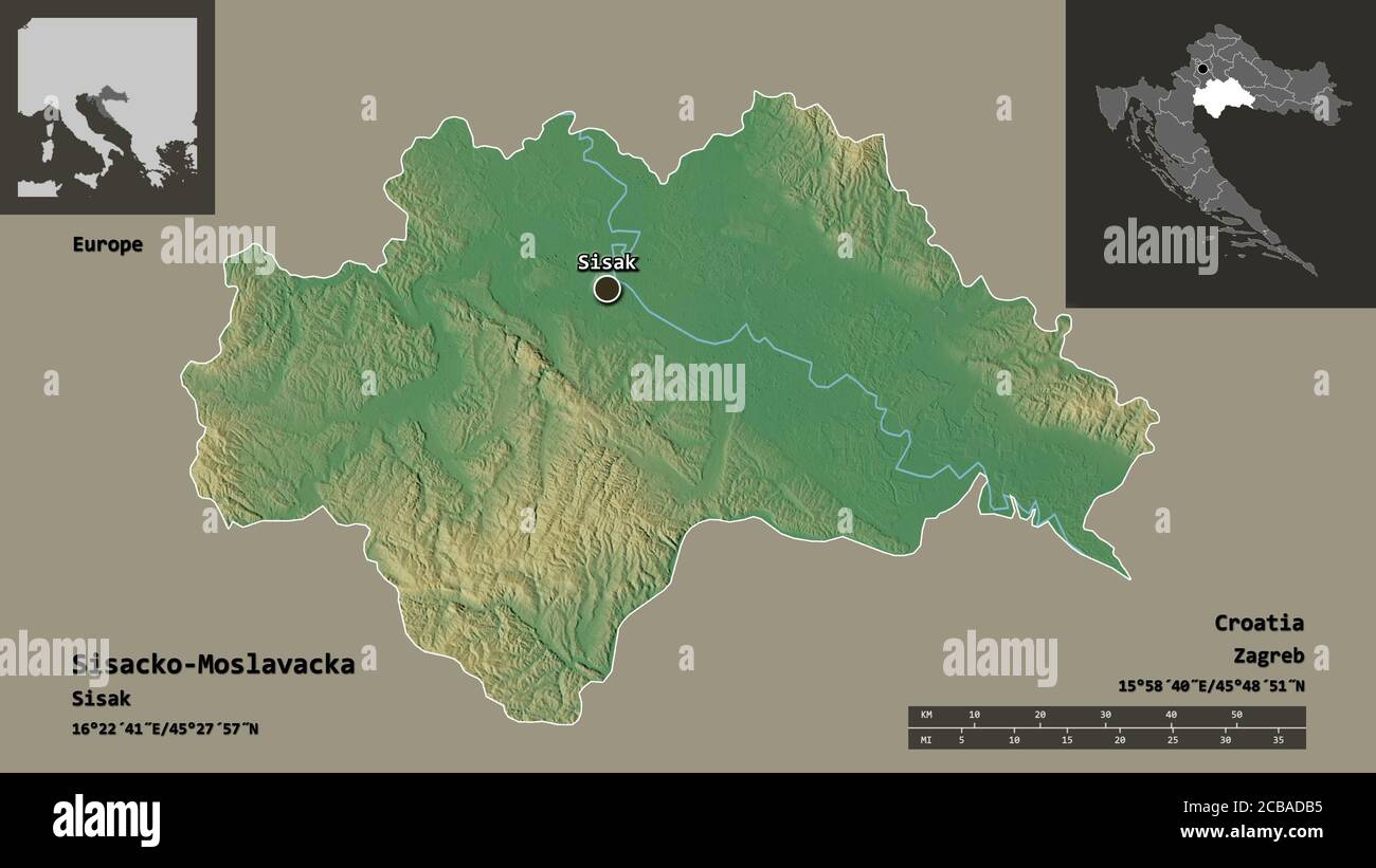 Form von Sisacko-Moslavacka, Kreis von Kroatien, und seine Hauptstadt. Entfernungsskala, Vorschauen und Beschriftungen. Topografische Reliefkarte. 3D-Rendering Stockfoto