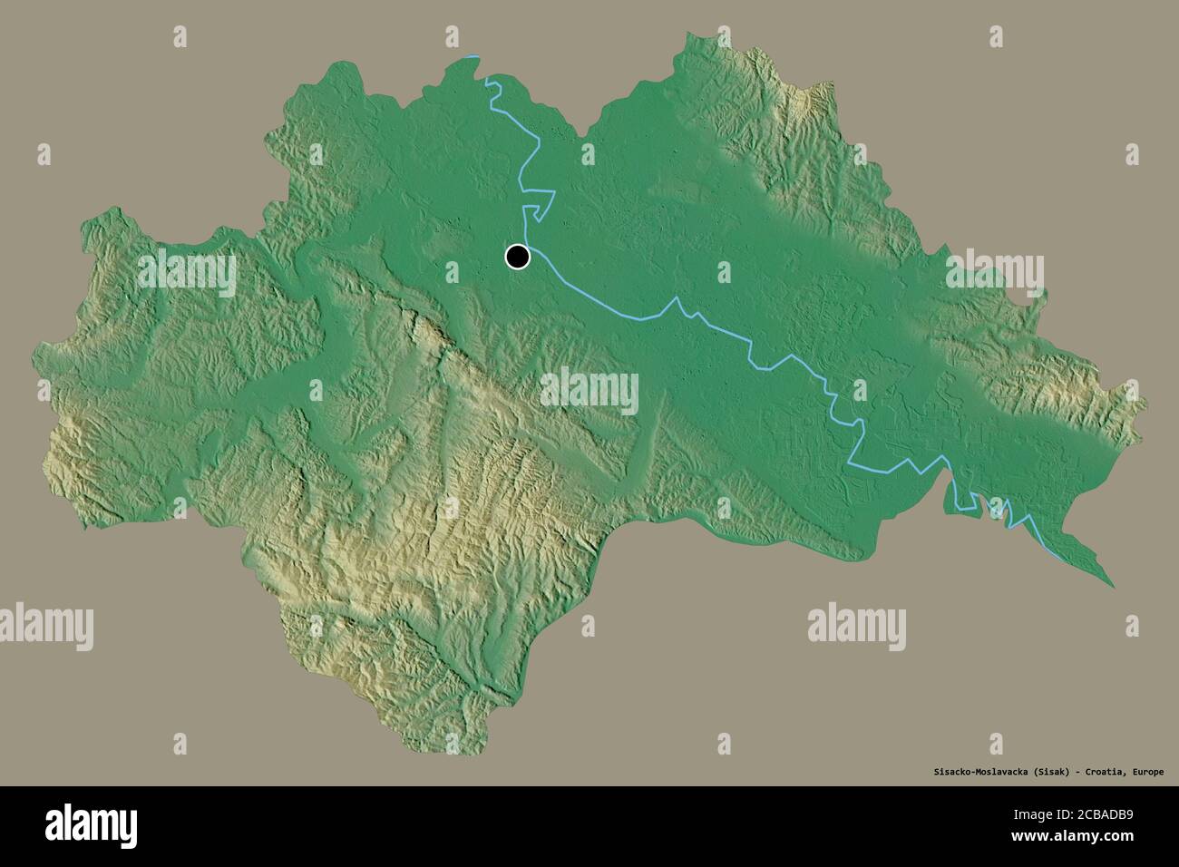 Form von Sisacko-Moslavacka, Grafschaft Kroatien, mit seiner Hauptstadt isoliert auf einem einfarbigen Hintergrund. Topografische Reliefkarte. 3D-Rendering Stockfoto