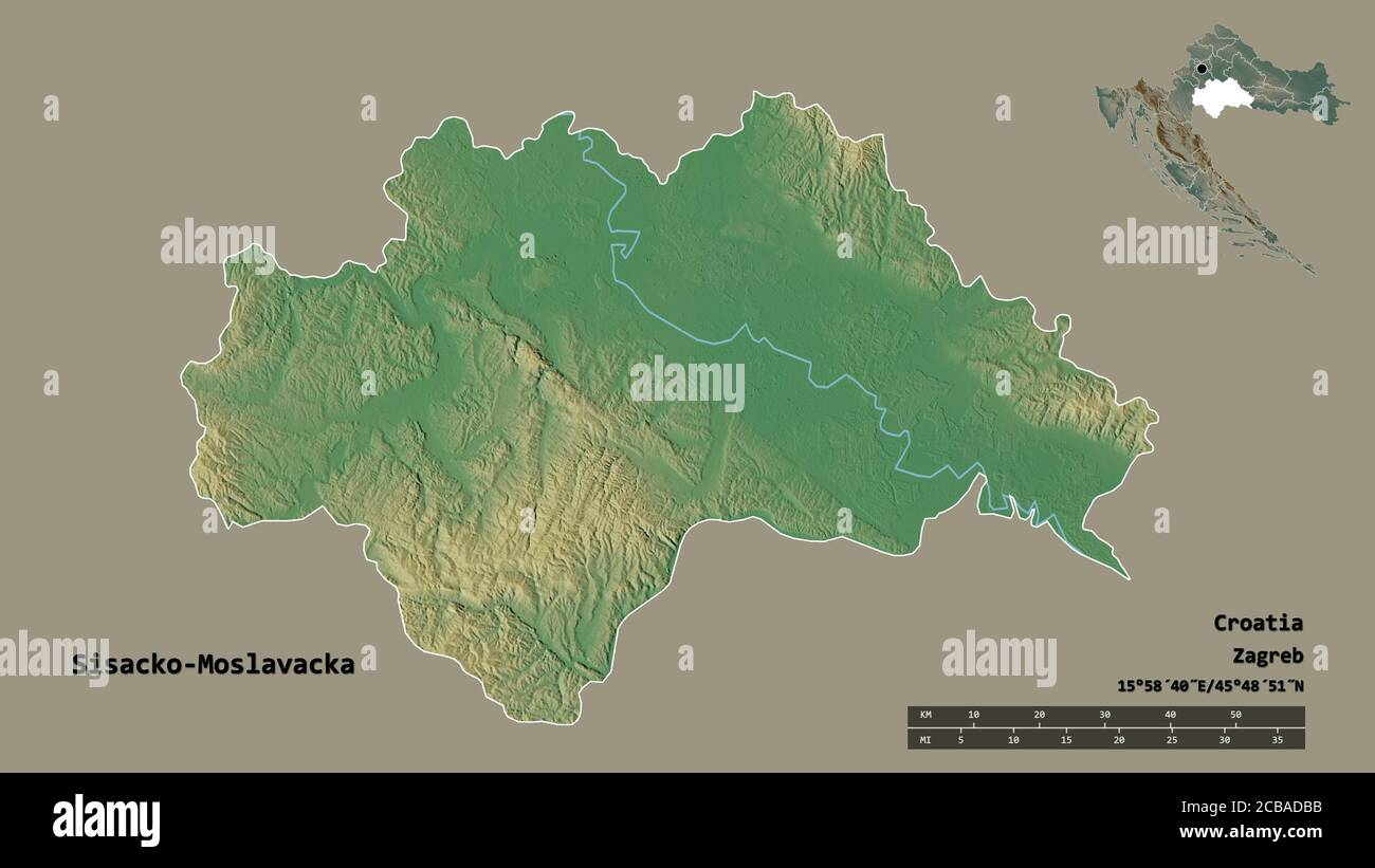 Form von Sisacko-Moslavacka, Grafschaft Kroatien, mit seiner Hauptstadt auf festem Hintergrund isoliert. Entfernungsskala, Regionenvorschau und Beschriftungen. Topografisch Stockfoto