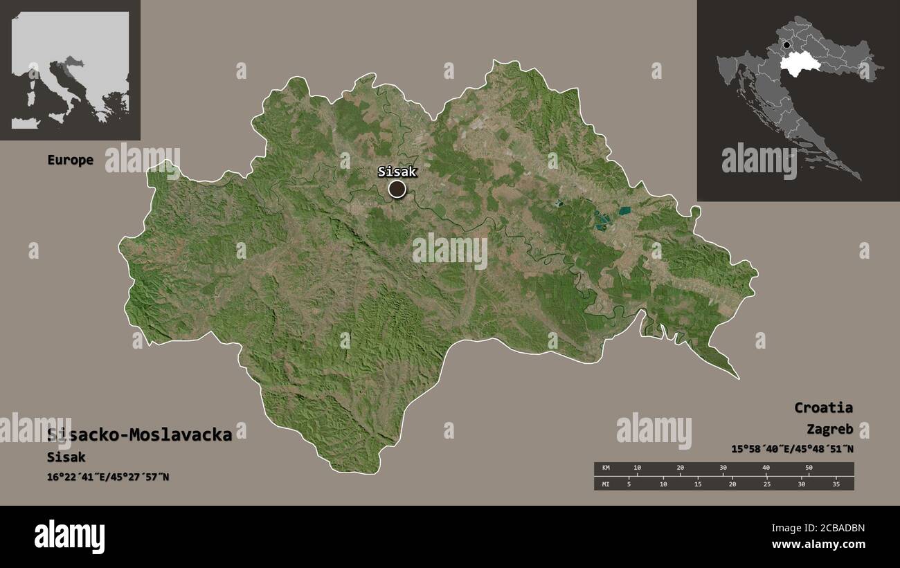 Form von Sisacko-Moslavacka, Kreis von Kroatien, und seine Hauptstadt. Entfernungsskala, Vorschauen und Beschriftungen. Satellitenbilder. 3D-Rendering Stockfoto
