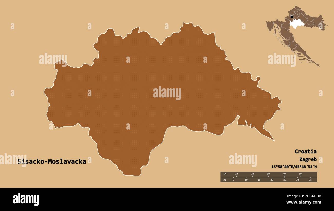 Form von Sisacko-Moslavacka, Grafschaft Kroatien, mit seiner Hauptstadt auf festem Hintergrund isoliert. Entfernungsskala, Regionenvorschau und Beschriftungen. Zusammensetzung Stockfoto
