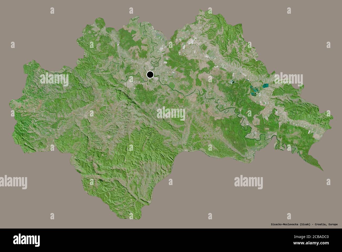 Form von Sisacko-Moslavacka, Grafschaft Kroatien, mit seiner Hauptstadt isoliert auf einem einfarbigen Hintergrund. Satellitenbilder. 3D-Rendering Stockfoto