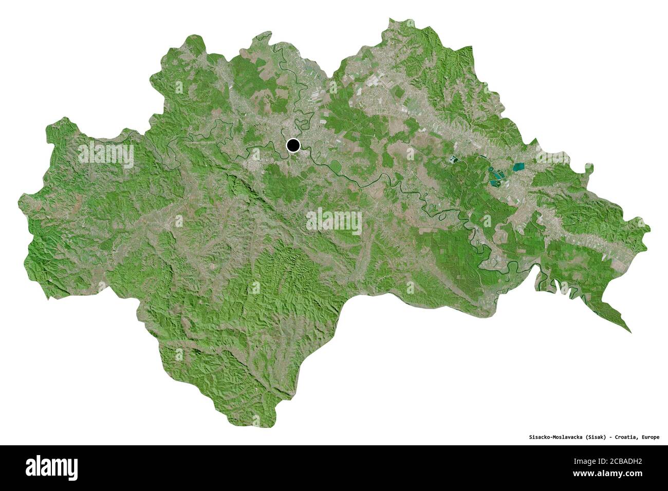 Form von Sisacko-Moslavacka, Grafschaft Kroatien, mit seiner Hauptstadt isoliert auf weißem Hintergrund. Satellitenbilder. 3D-Rendering Stockfoto