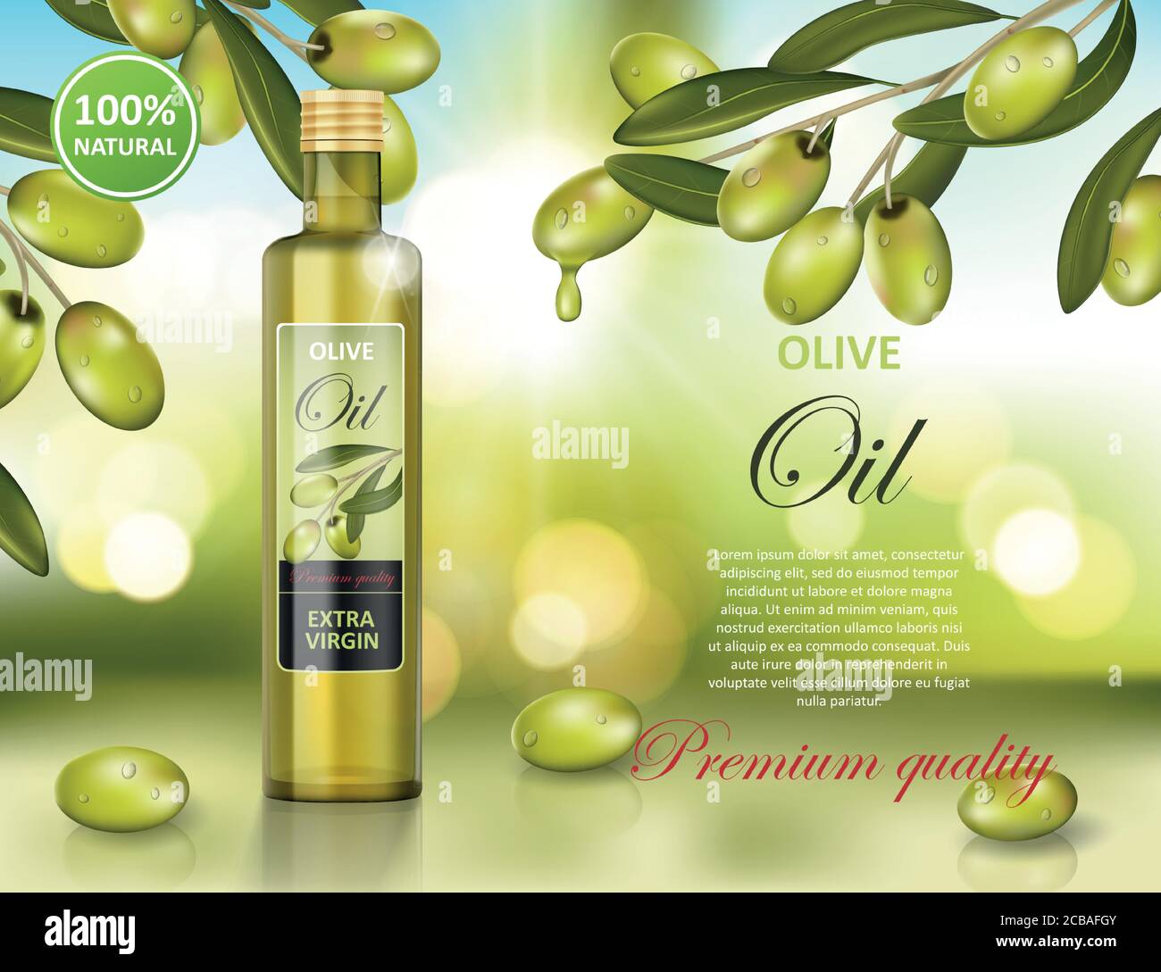 Olivenöl Flasche Design auf grün glänzenden Hintergrund. Transparent Glas Olivenöl ad, Verpackung Design. Vektor-3d-Illustration Stock Vektor