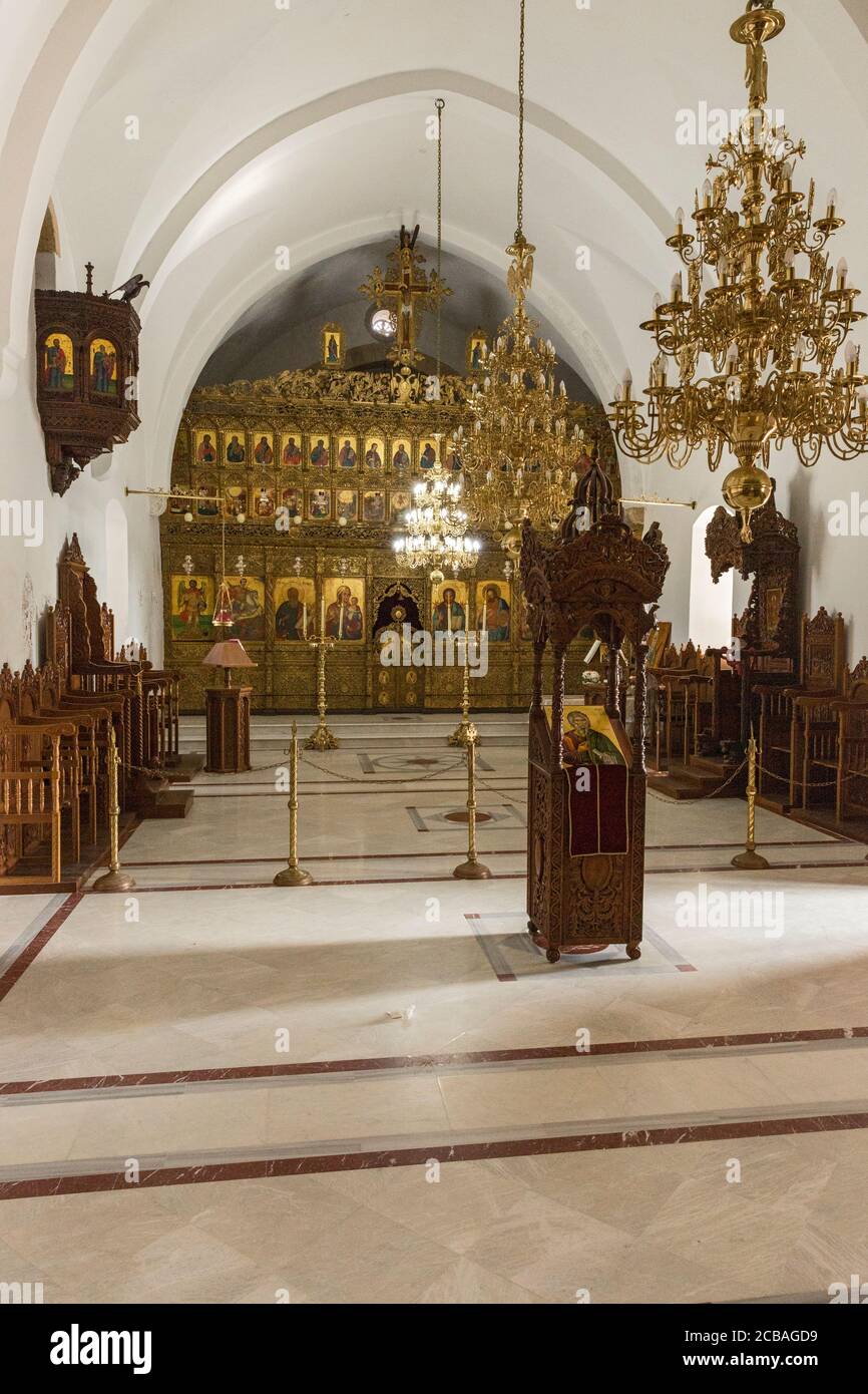 Kloster St. Andreas, Kirchenraum, Ikonostase, Dipkarpaz, Rizokarpaso, Türkische Republik Nordzypern Stockfoto