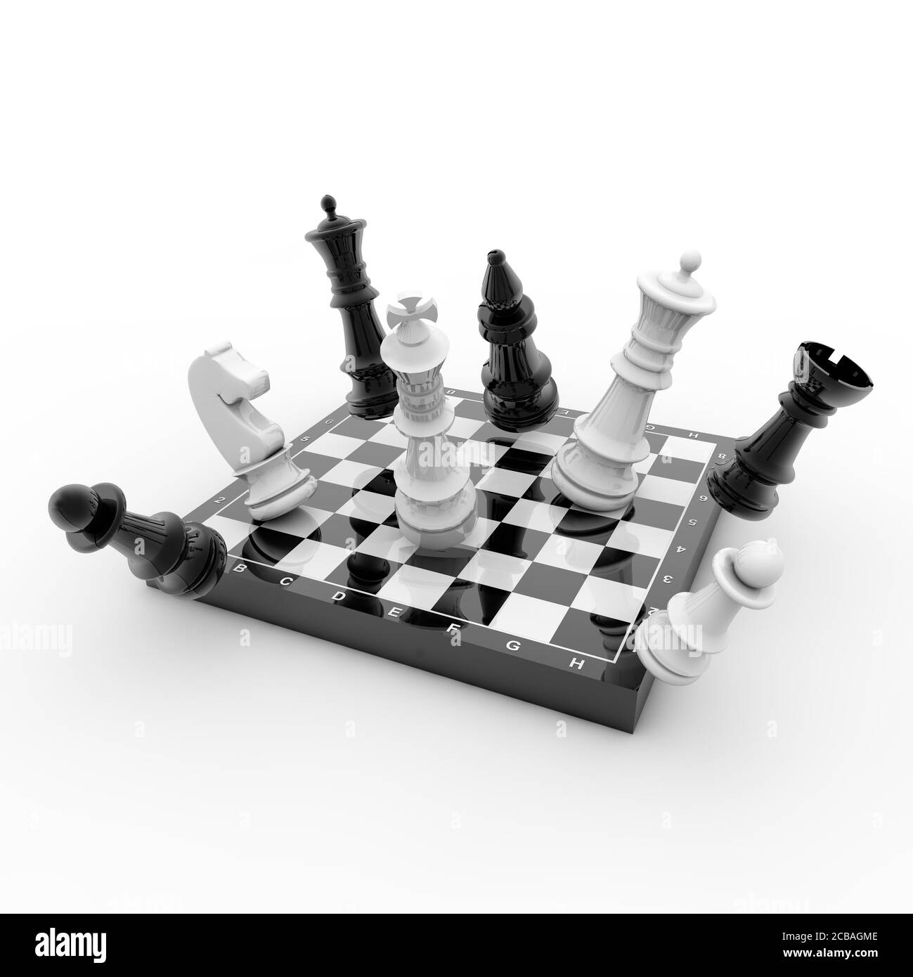 3D Wiedergabe von abfallenden schwarzen und weißen Schachfiguren Ein Brett auf einem weißen Hintergrund-Strategie Stockfoto