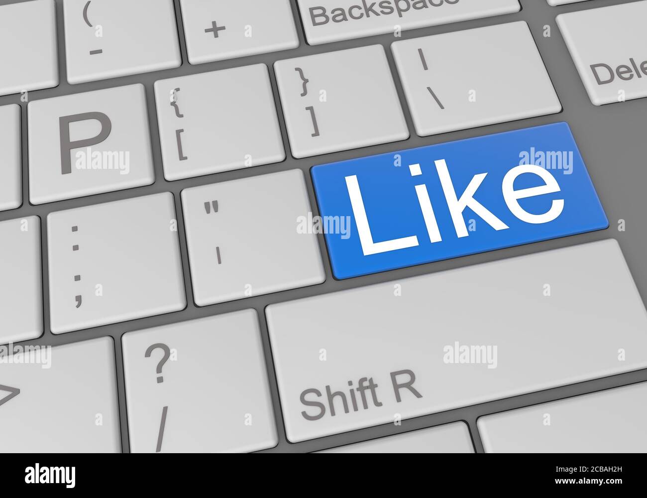 Digitale Abbildung einer grauen Tastatur mit blauer Taste Und geben Sie „Gefällt mir“ ein Stockfoto
