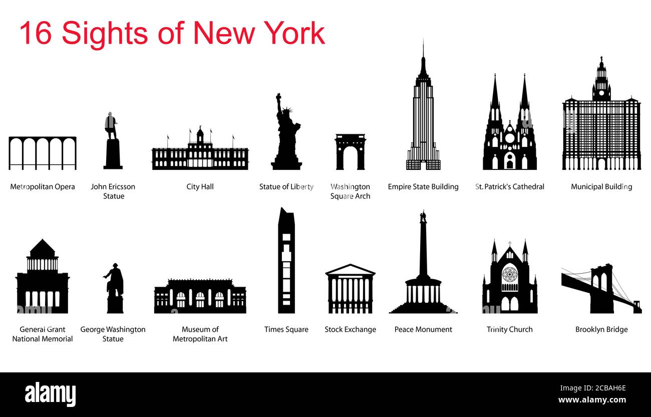 Illustration von 16 verschiedenen Sehenswürdigkeiten für Sightseeing in New York, USA Stockfoto