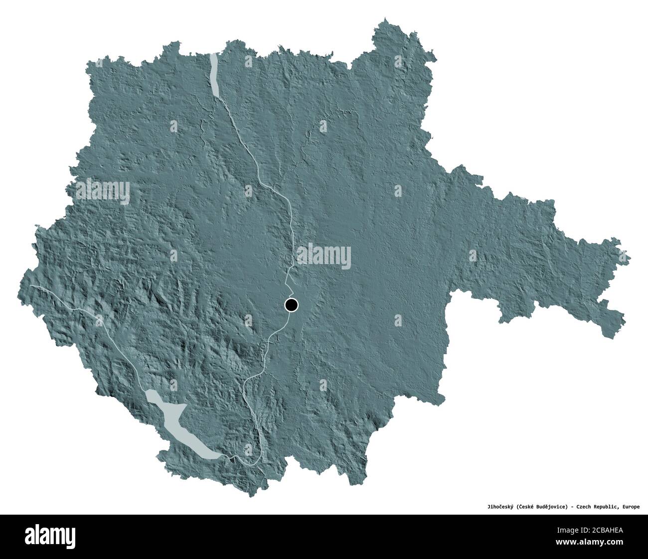 Form von Jihočeský, Region der Tschechischen Republik, mit seiner Hauptstadt isoliert auf weißem Hintergrund. Farbige Höhenkarte. 3D-Rendering Stockfoto