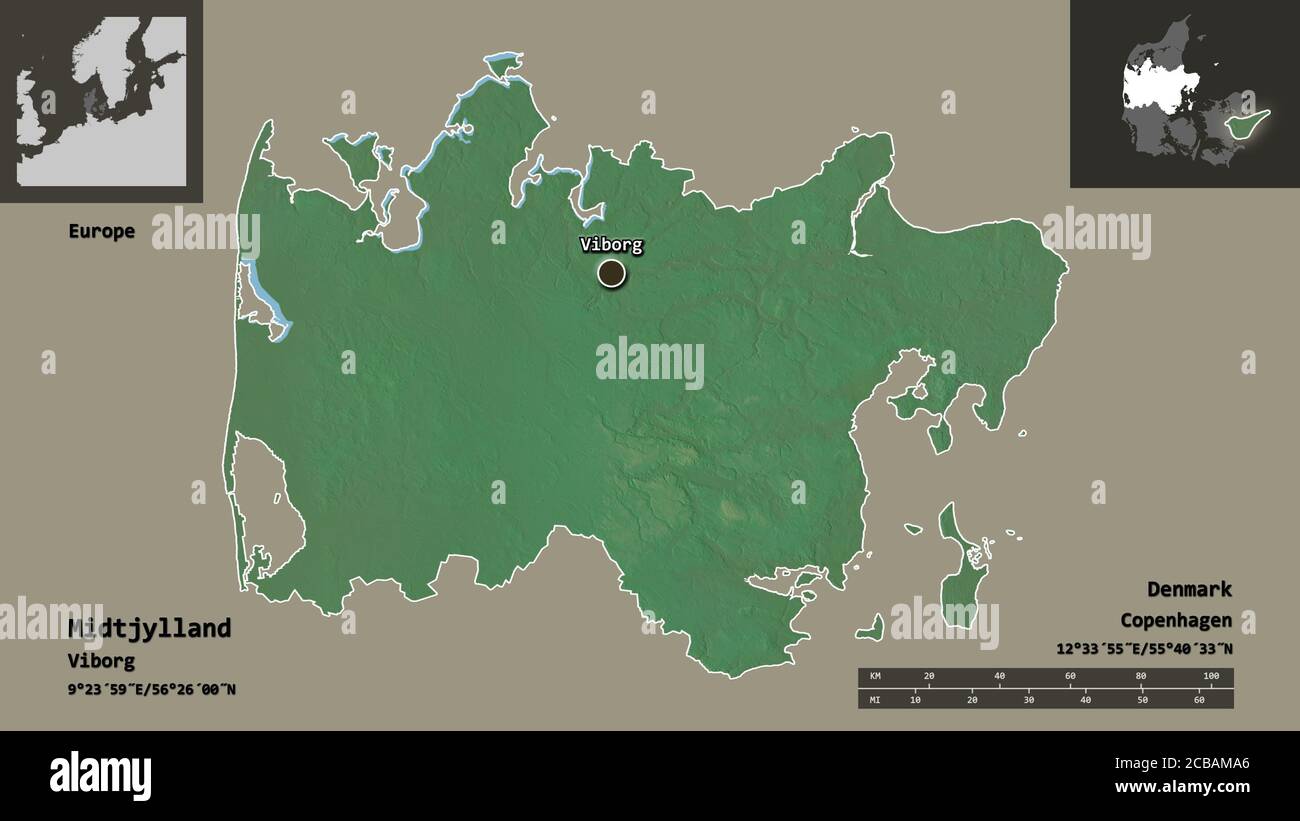 Form von Midtjylland, Region von Dänemark, und seine Hauptstadt. Entfernungsskala, Vorschauen und Beschriftungen. Topografische Reliefkarte. 3D-Rendering Stockfoto