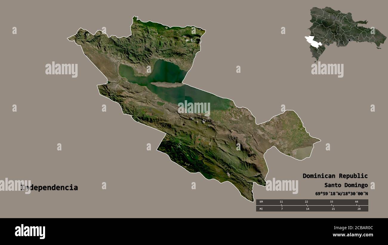 Form von Independencia, Provinz der Dominikanischen Republik, mit seiner Hauptstadt auf festem Hintergrund isoliert. Entfernungsskala, Regionenvorschau und Beschriftungen. Sate Stockfoto