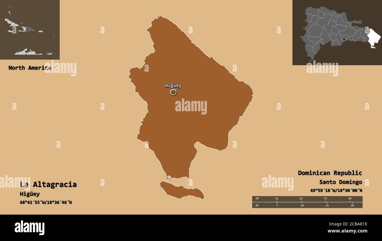 Form von La Altagracia, Provinz der Dominikanischen Republik, und seine Hauptstadt. Entfernungsskala, Vorschauen und Beschriftungen. Komposition von gemusterten Texturen. 3D-RE Stockfoto