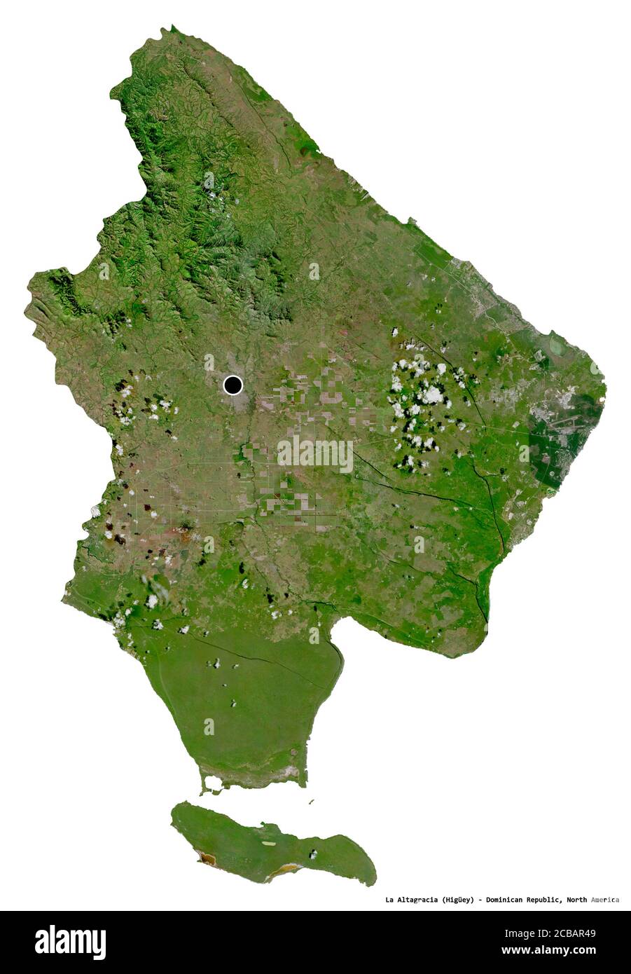 Form von La Altagracia, Provinz der Dominikanischen Republik, mit seiner Hauptstadt isoliert auf weißem Hintergrund. Satellitenbilder. 3D-Rendering Stockfoto
