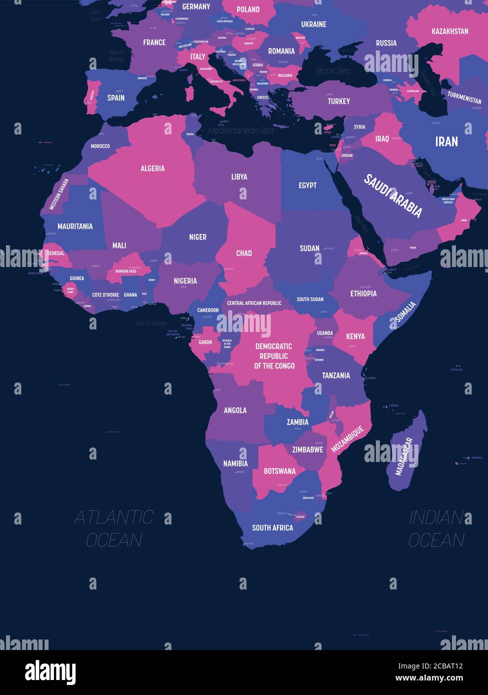 Afrika-Karte. Hoch detaillierte politische Karte des afrikanischen Kontinents mit Land, Hauptstadt, Meer und Meer Namen Kennzeichnung. Stock Vektor