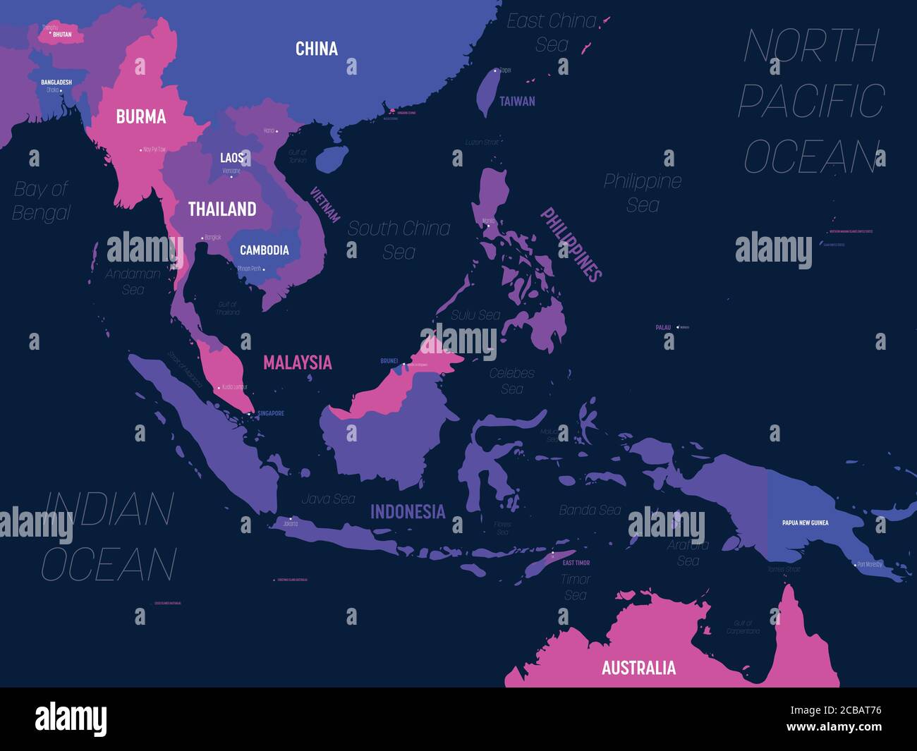 Karte Südostasien. Hoch detaillierte politische Karte der südöstlichen Region mit Land, Hauptstadt, Meer und Meer Namen Kennzeichnung. Stock Vektor