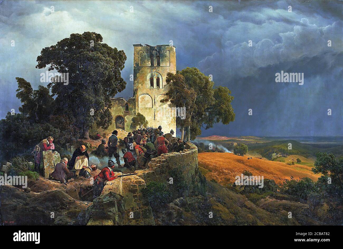 Lessing Karl Friedrich - die Belagerung (Verteidigung eines Kirchenhofs während des Dreißigjährigen Krieges) - Deutsche Schule - 19. Und Anfang des 20. Jahrhunderts Stockfoto