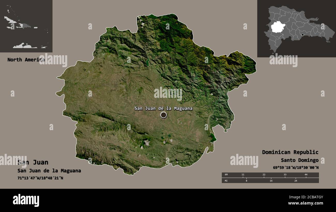Form von San Juan, Provinz der Dominikanischen Republik, und seine Hauptstadt. Entfernungsskala, Vorschauen und Beschriftungen. Satellitenbilder. 3D-Rendering Stockfoto