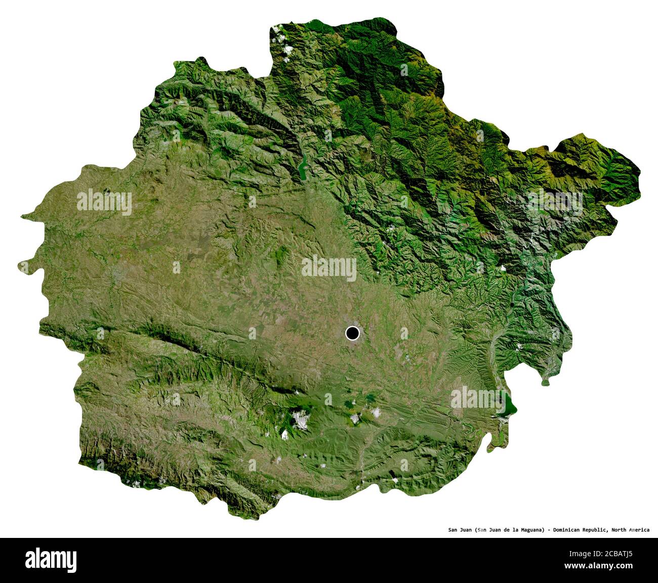 Form von San Juan, Provinz der Dominikanischen Republik, mit seiner Hauptstadt isoliert auf weißem Hintergrund. Satellitenbilder. 3D-Rendering Stockfoto