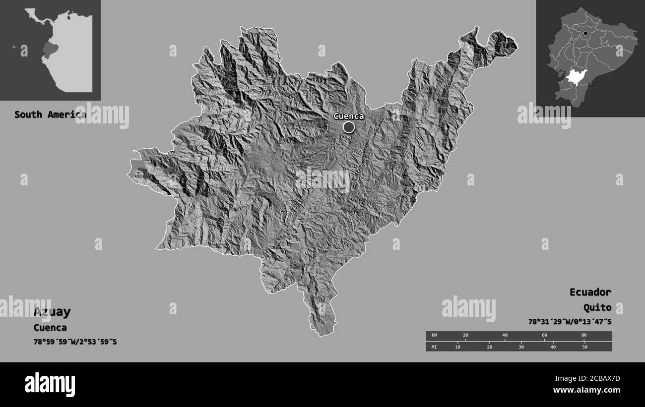 Form von Azuay, Provinz von Ecuador, und seine Hauptstadt. Entfernungsskala, Vorschauen und Beschriftungen. Höhenkarte mit zwei Ebenen. 3D-Rendering Stockfoto