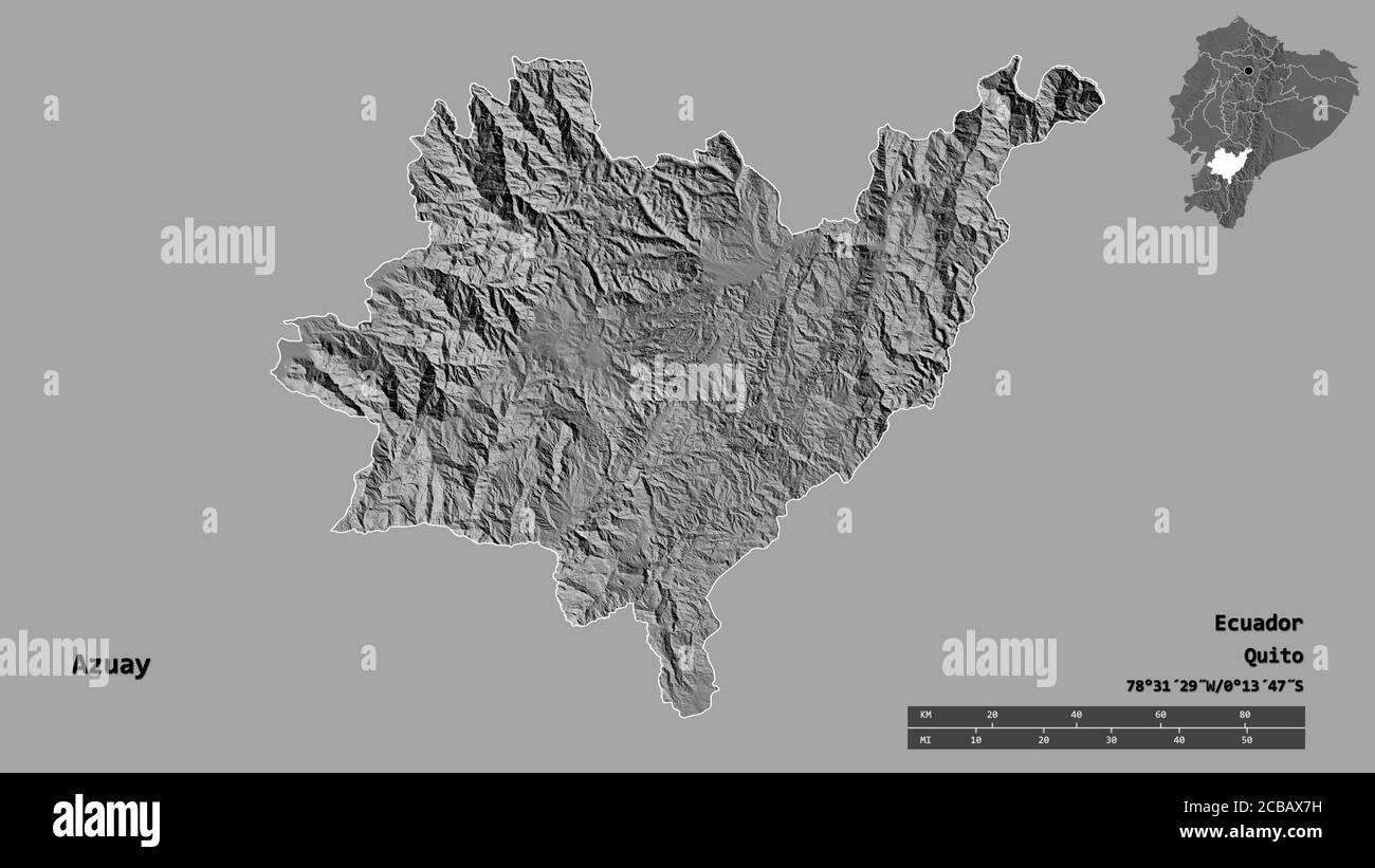 Form von Azuay, Provinz von Ecuador, mit seiner Hauptstadt auf festem Hintergrund isoliert. Entfernungsskala, Regionenvorschau und Beschriftungen. Höhenkarte mit zwei Ebenen. Stockfoto