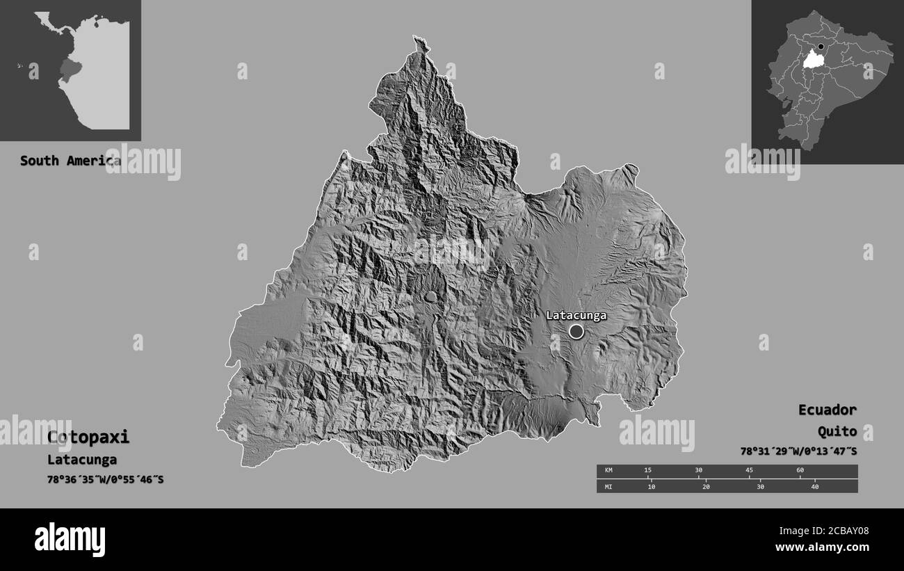Form von Cotopaxi, Provinz von Ecuador, und seine Hauptstadt. Entfernungsskala, Vorschauen und Beschriftungen. Höhenkarte mit zwei Ebenen. 3D-Rendering Stockfoto