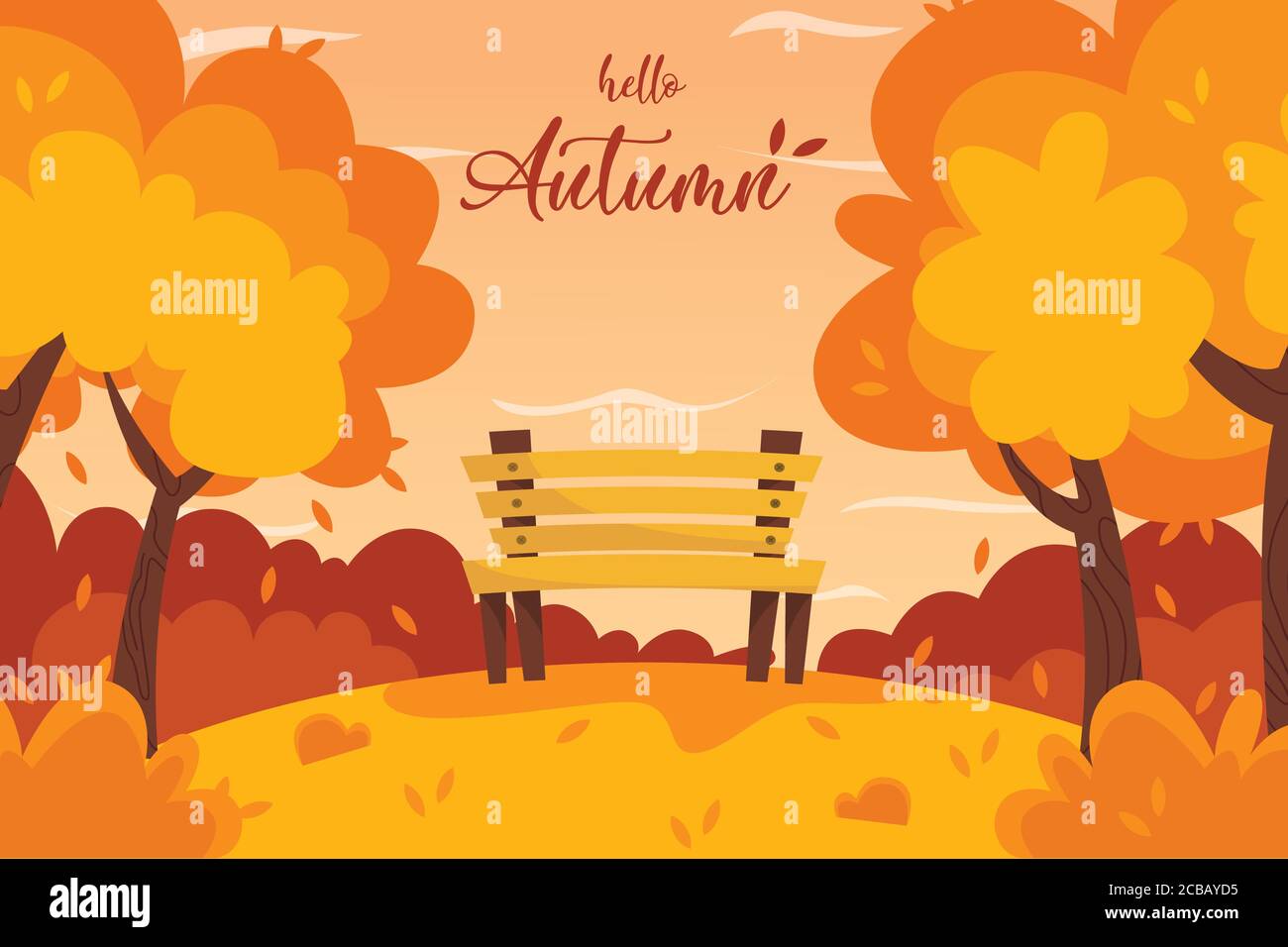 Herbstlandschaftbank im Parkhintergrund. Hello Autumn Schriftzug Logo, Vektorgrafik. Stock Vektor