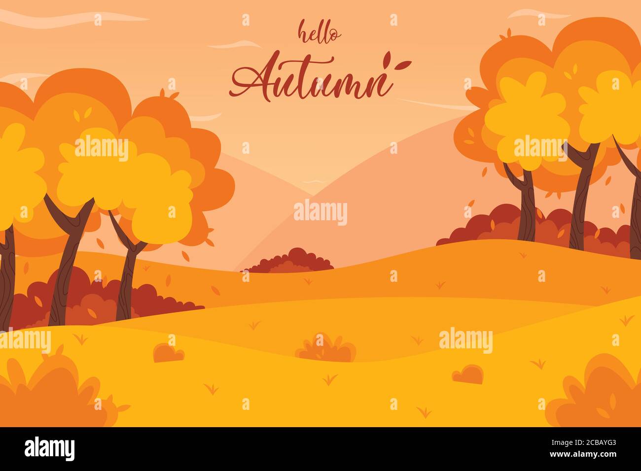 Herbst Landschaft Hintergrund. Hello Autumn Schriftzug Logo, Vektorgrafik. Stock Vektor