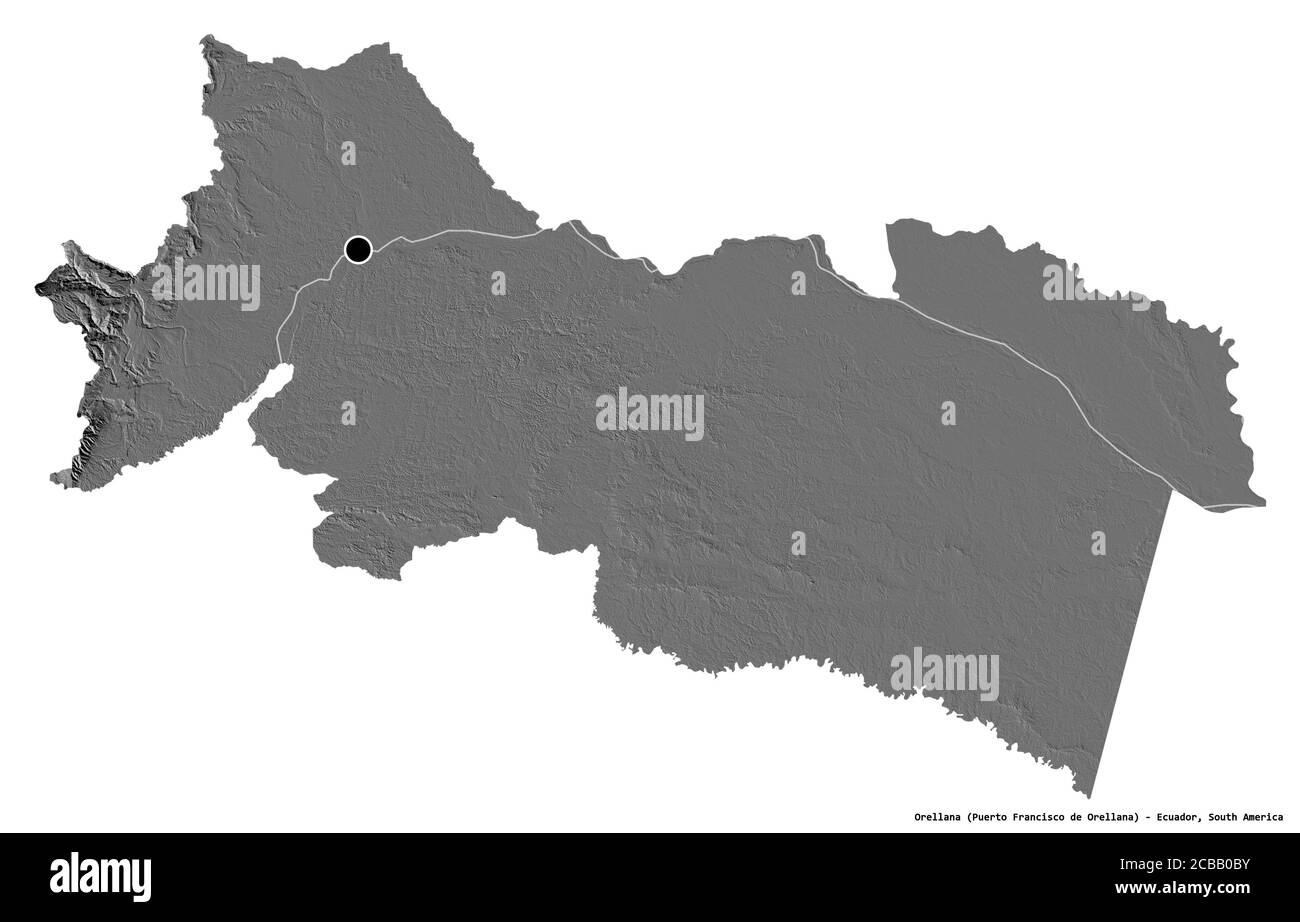 Form von Orellana, Provinz Ecuador, mit seiner Hauptstadt isoliert auf weißem Hintergrund. Höhenkarte mit zwei Ebenen. 3D-Rendering Stockfoto