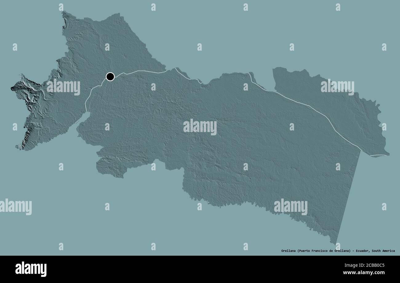 Form von Orellana, Provinz Ecuador, mit seiner Hauptstadt isoliert auf einem einfarbigen Hintergrund. Farbige Höhenkarte. 3D-Rendering Stockfoto