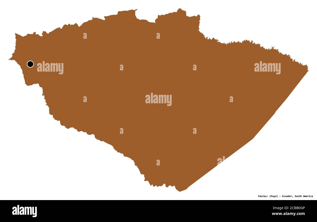 Form von Pastaza, Provinz von Ecuador, mit seiner Hauptstadt isoliert auf weißem Hintergrund. Komposition von gemusterten Texturen. 3D-Rendering Stockfoto