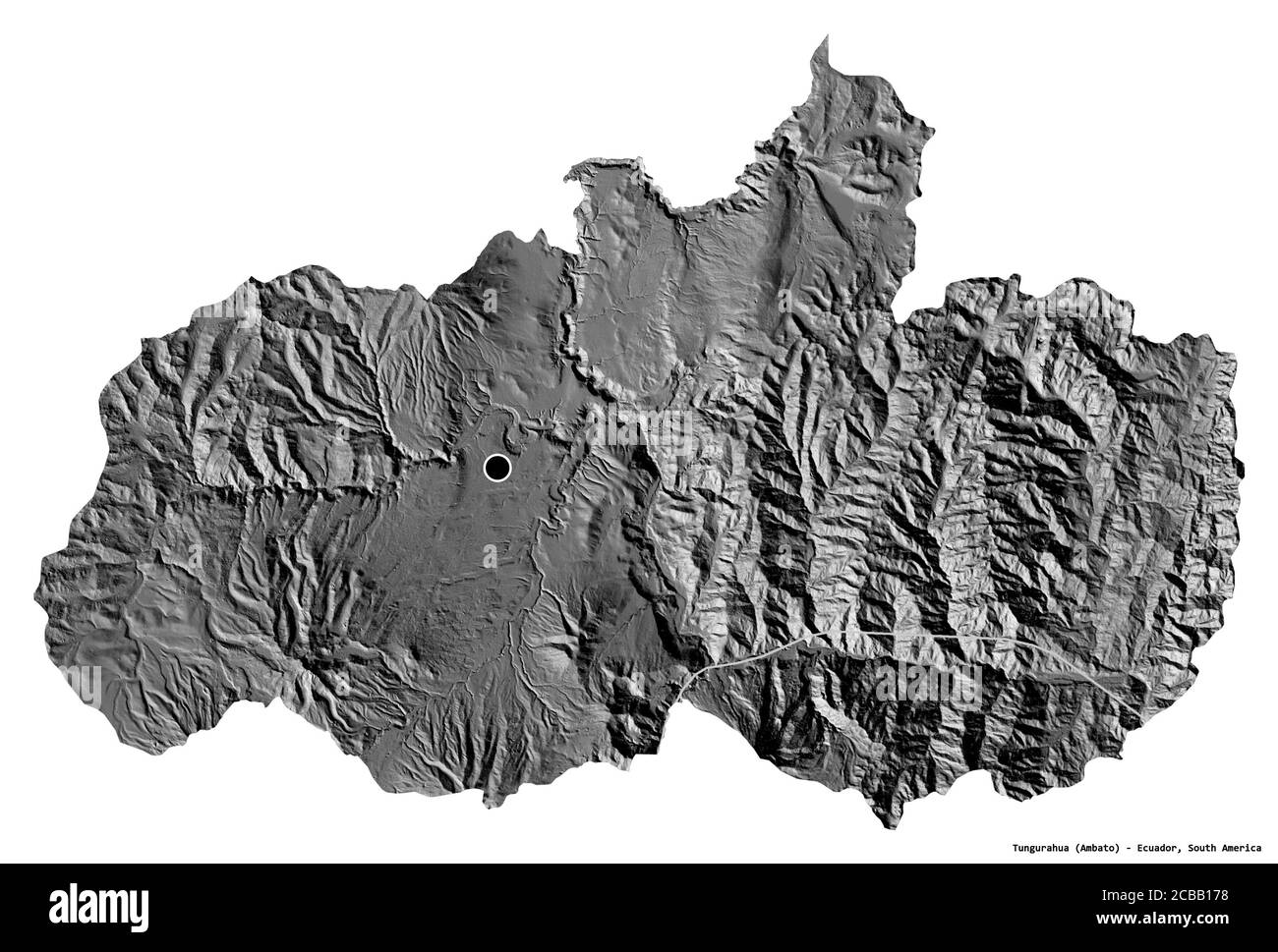 Form von Tungurahua, Provinz Ecuador, mit seiner Hauptstadt isoliert auf weißem Hintergrund. Höhenkarte mit zwei Ebenen. 3D-Rendering Stockfoto