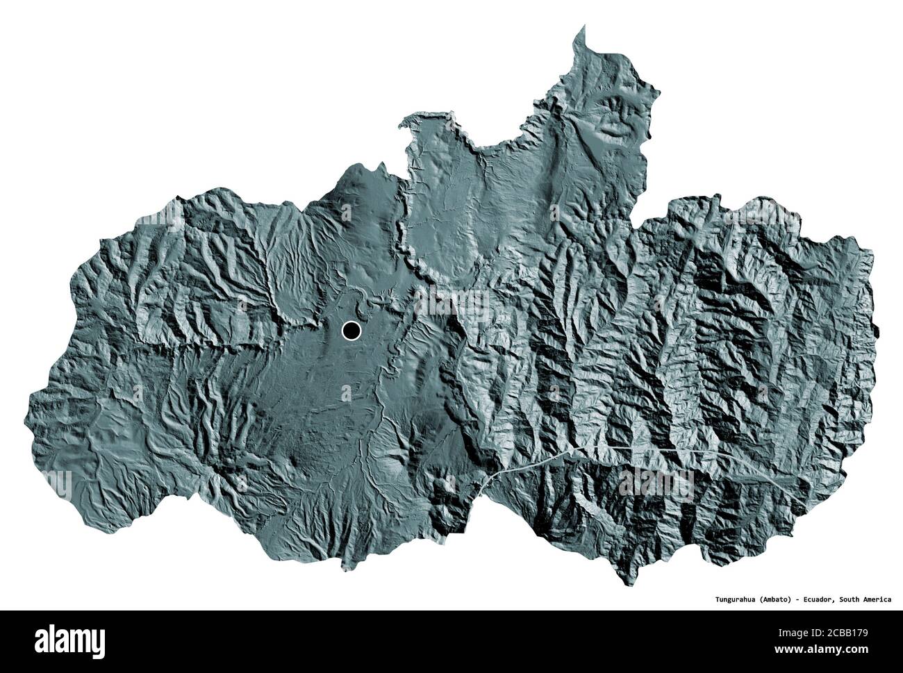 Form von Tungurahua, Provinz Ecuador, mit seiner Hauptstadt isoliert auf weißem Hintergrund. Farbige Höhenkarte. 3D-Rendering Stockfoto