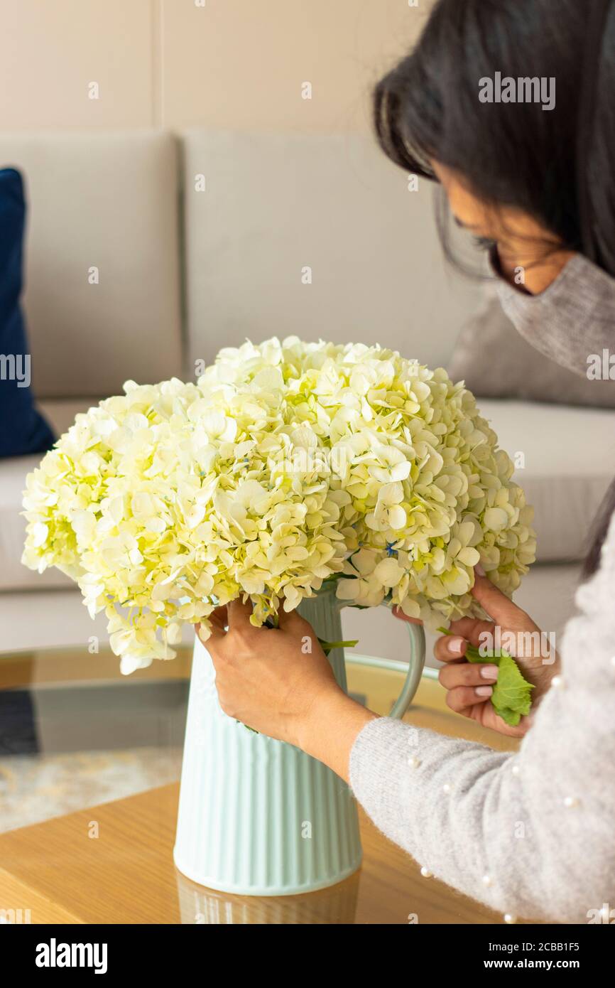 Nette Frau Floristin macht ein Bouquet von Hortensien Stockfoto