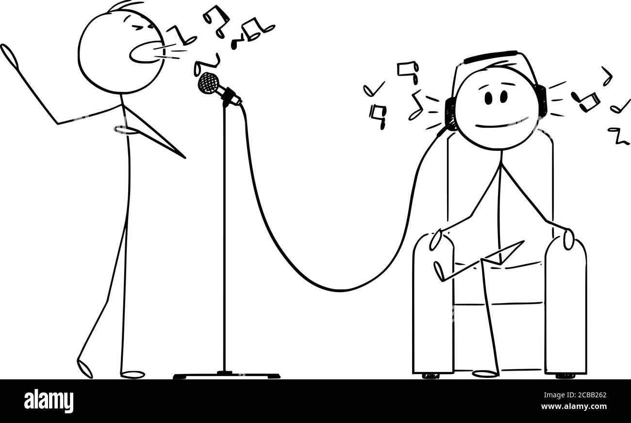 Vektor Cartoon Stick Figur Zeichnung konzeptionelle Illustration des Mannes mit Kopfhörer sitzen im Sessel hören Sänger singen für ihn. Konzept von Musik und Genuss. Stock Vektor