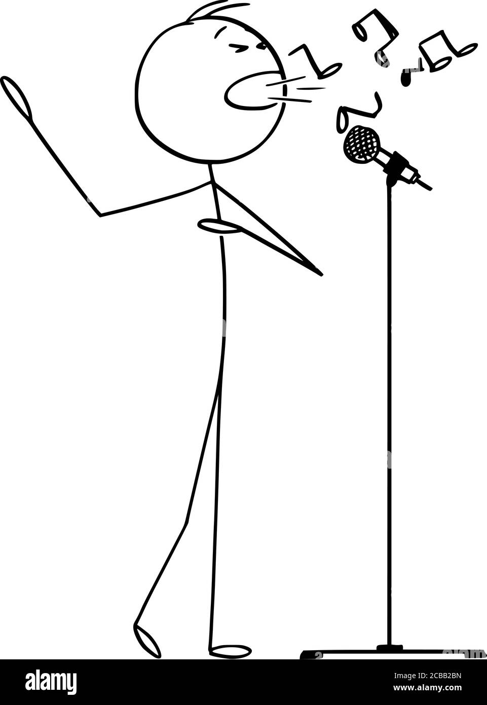 Vektor Cartoon Stick Figur Zeichnung konzeptionelle Illustration von Mann oder Sänger singen Lied auf der Bühne, um Mikrofon und die Schaffung von Musik. Stock Vektor