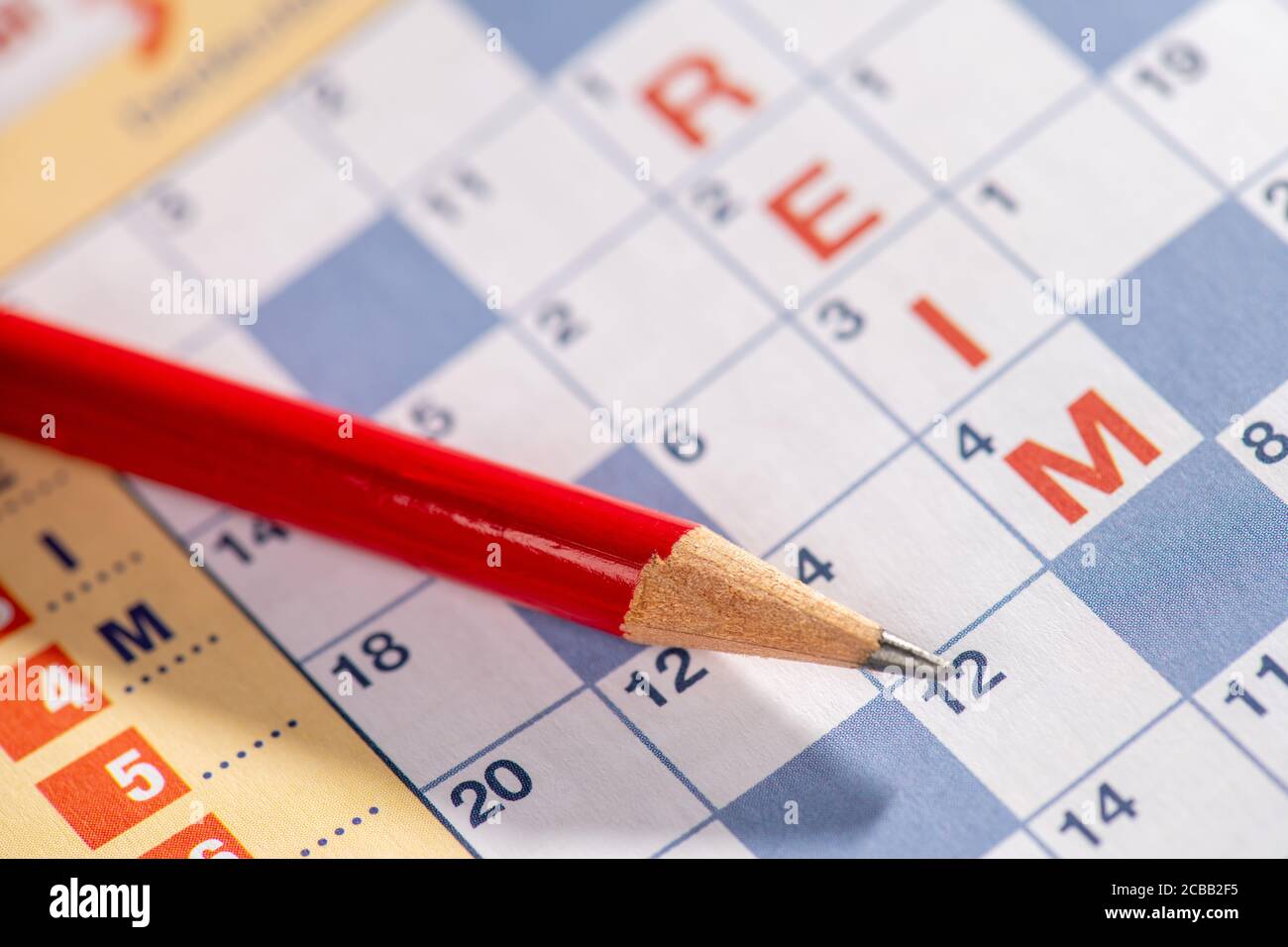 Roter Bleistift liegt auf Kreuzworträtsel Stockfoto