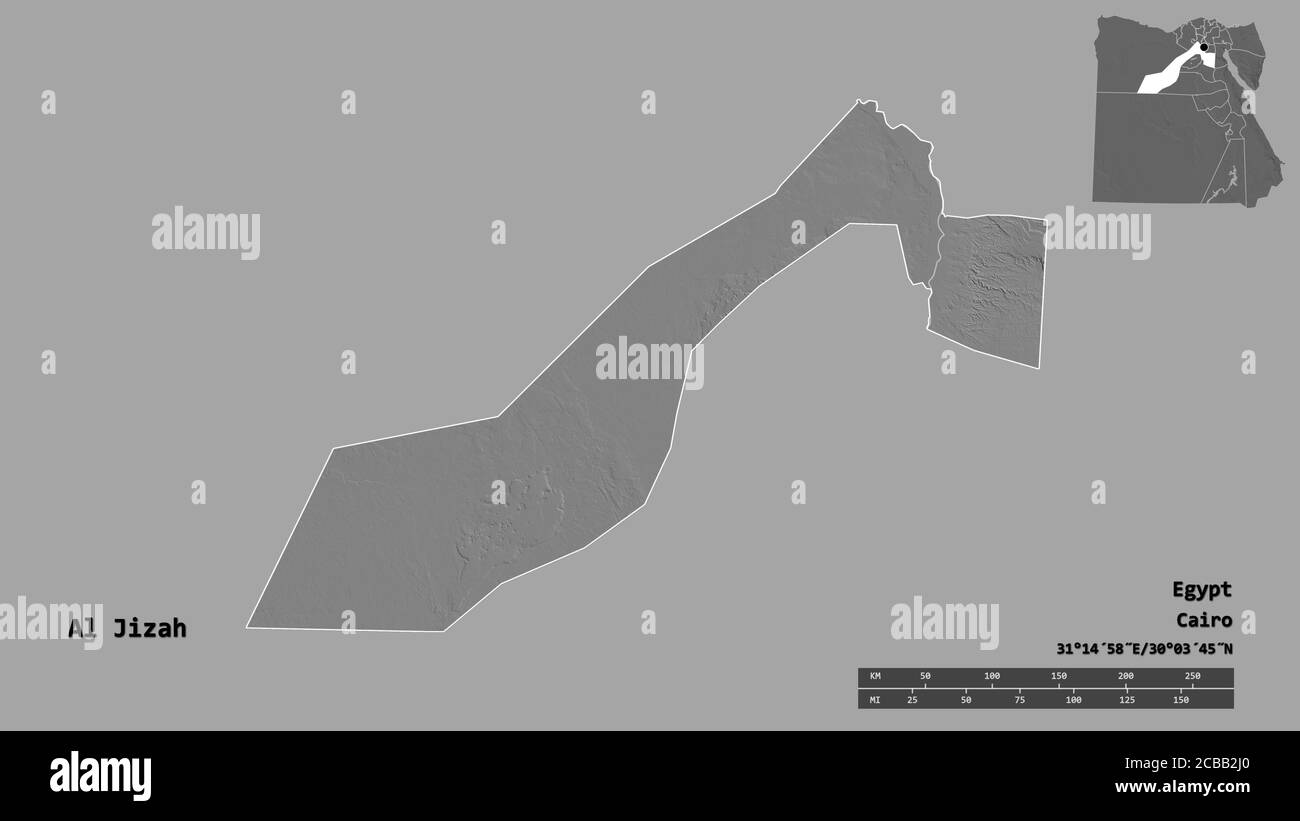 Form von Al Izah, Gouvernement von Ägypten, mit seiner Hauptstadt auf festem Hintergrund isoliert. Entfernungsskala, Regionenvorschau und Beschriftungen. Höhe der Bilevel m Stockfoto