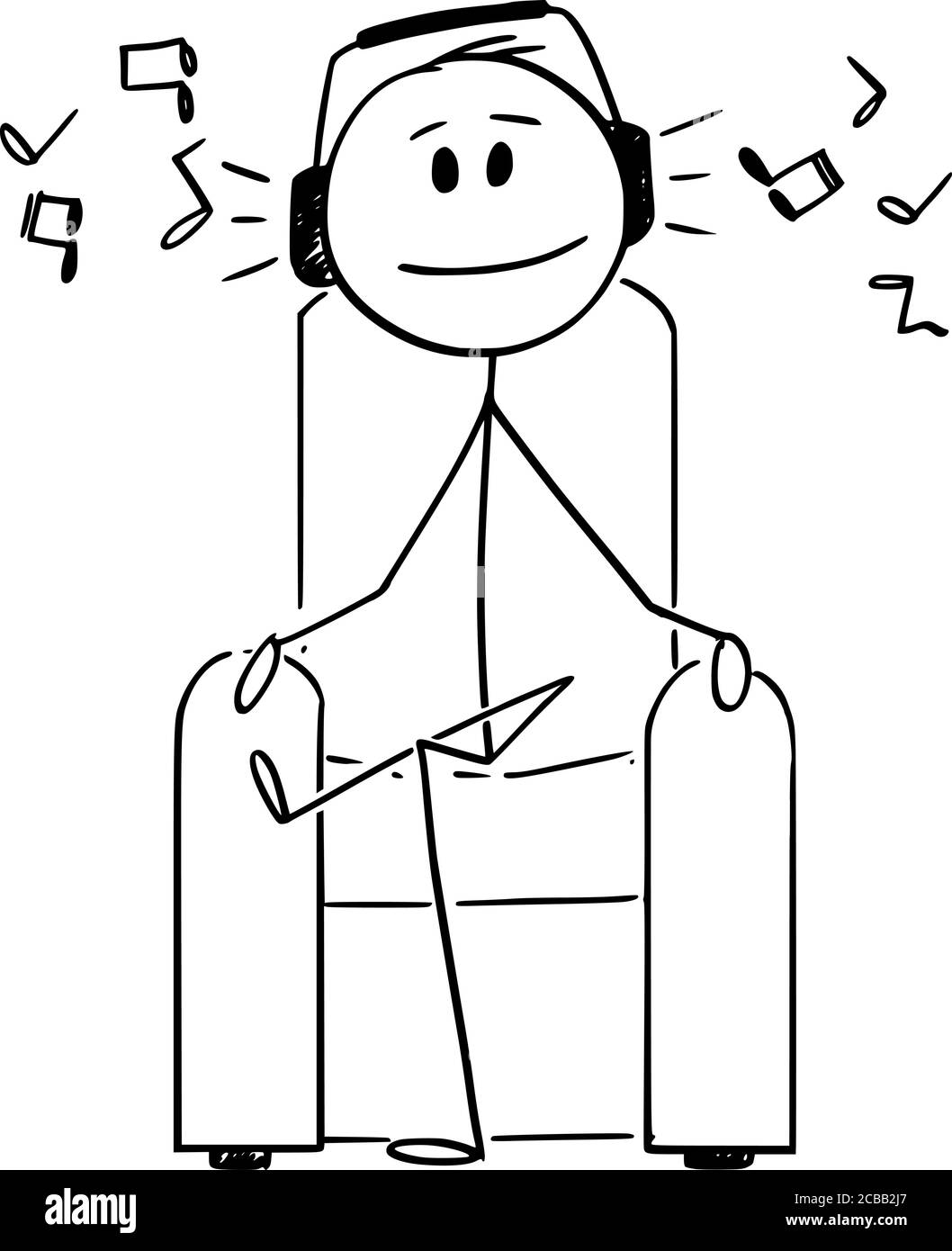 Vektor Cartoon Stick Figur Zeichnung konzeptionelle Illustration des Menschen mit Kopfhörer sitzen im Sessel Musik hören und genießen. Stock Vektor