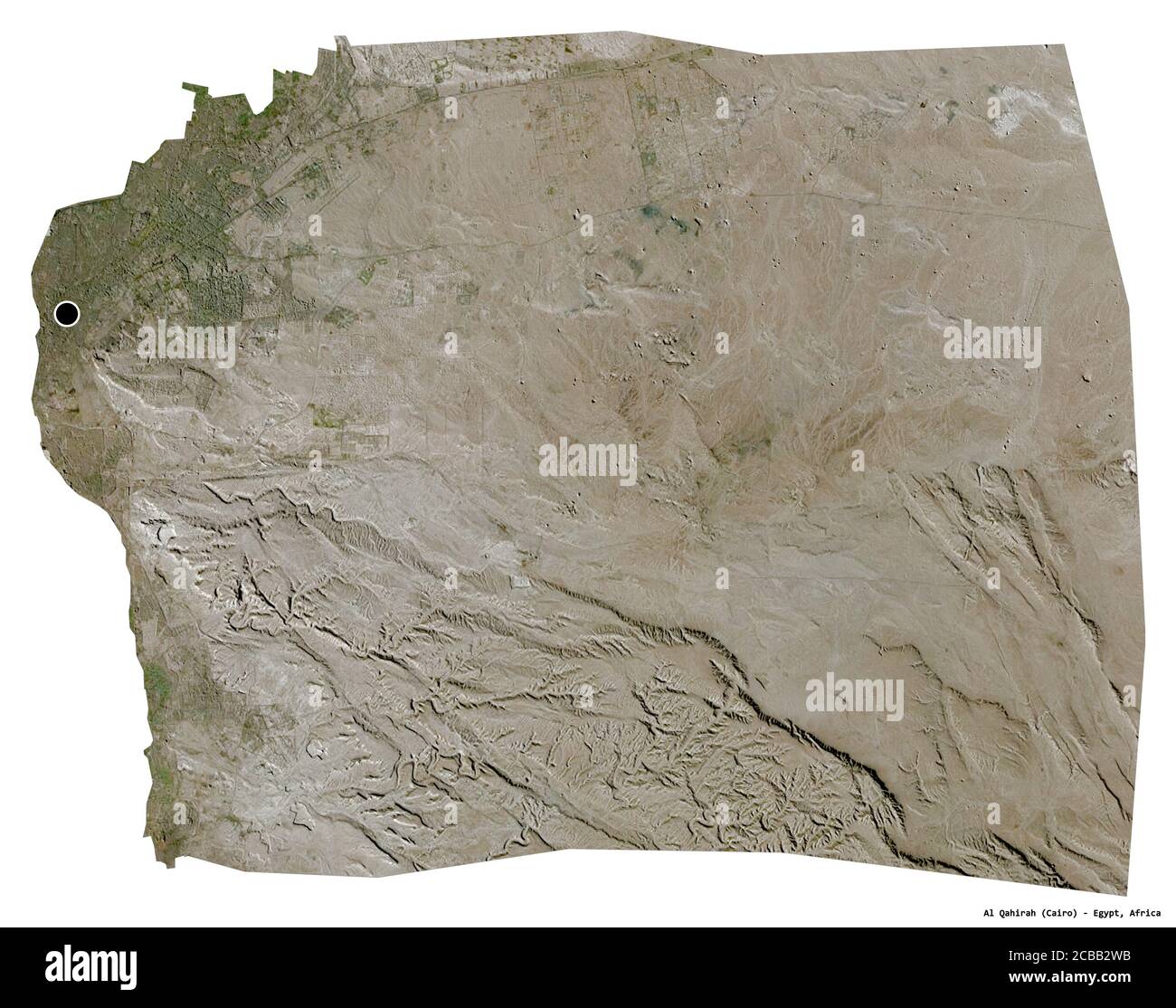 Form von Al Qahirah, Gouvernement von Ägypten, mit seiner Hauptstadt isoliert auf weißem Hintergrund. Satellitenbilder. 3D-Rendering Stockfoto