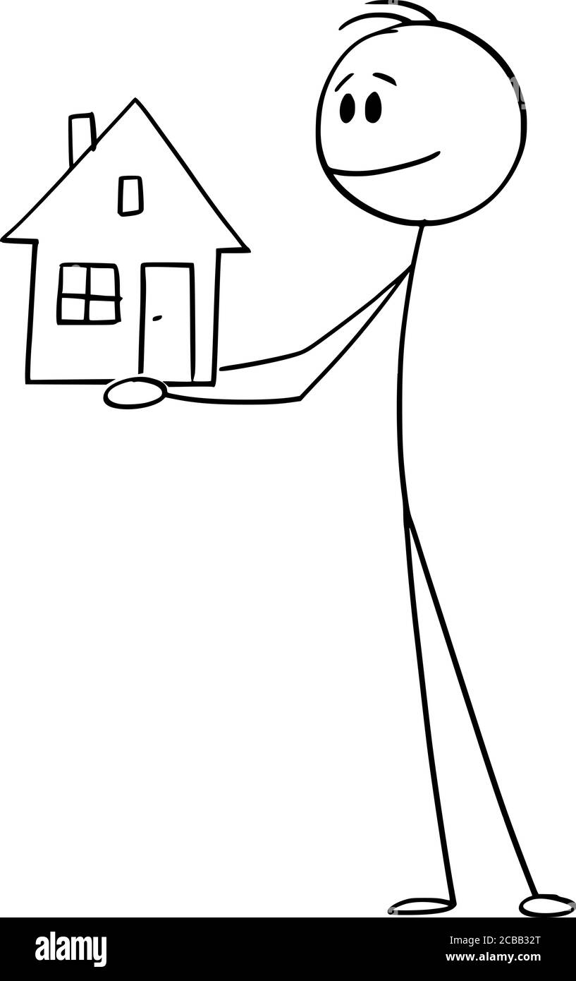 Vektor Cartoon Stick Figur Zeichnung konzeptionelle Illustration von lächelnden Mann oder Geschäftsmann hält kleine Familie Haus. Stock Vektor