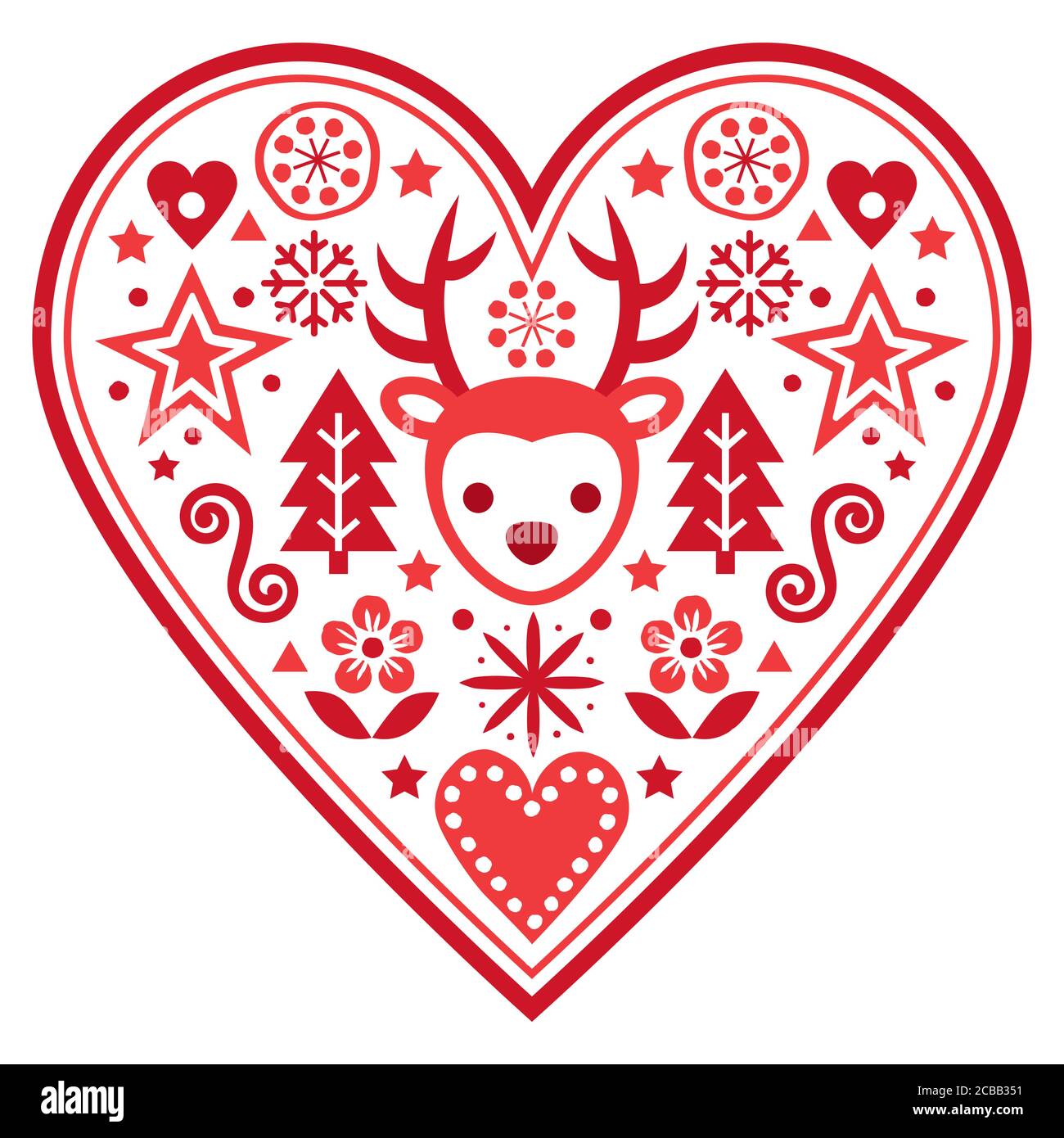 Weihnachten Scandinavian Vektor Herz Grußkarte Design - Folk Art Stil Muster mit Rentieren, Schneeflocken Weihnachtsbäume und Blumen Stock Vektor