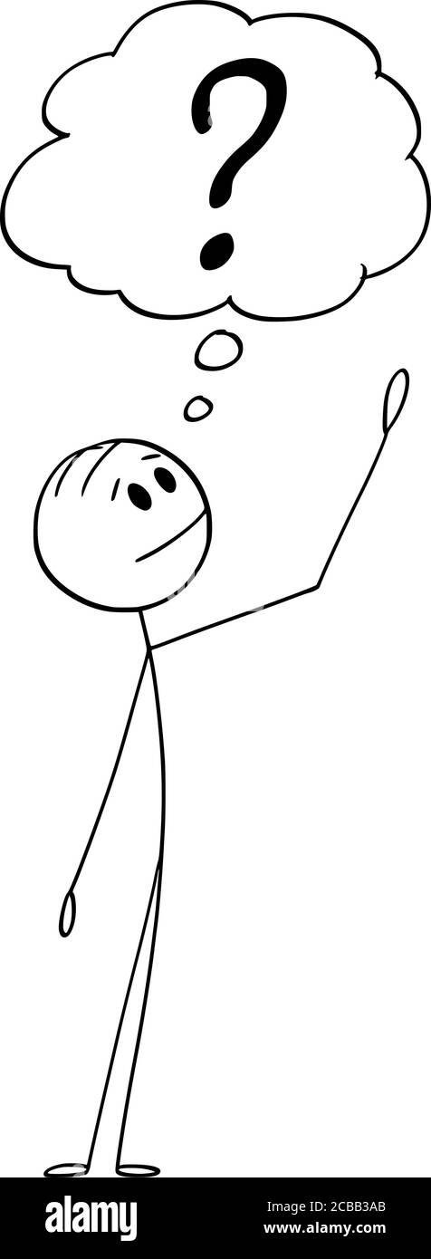 Vektor Cartoon Stick Figur Zeichnung konzeptionelle Illustration von Mann oder Geschäftsmann fragen philosophische Frage, auf der Suche nach Problemlösung oder Antwort. Stock Vektor