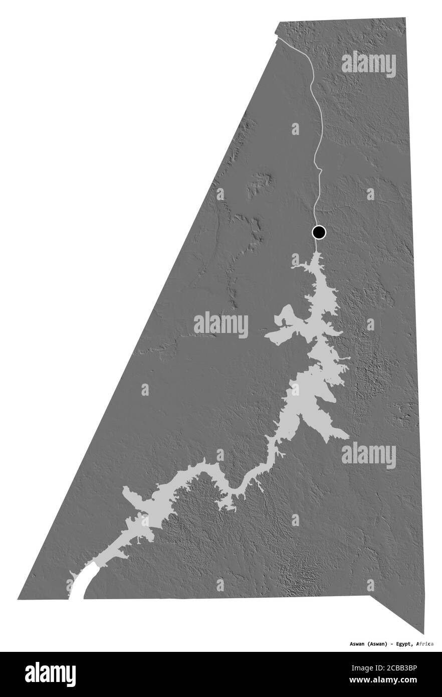Form von Assuan, Gouvernement von Ägypten, mit seiner Hauptstadt isoliert auf weißem Hintergrund. Höhenkarte mit zwei Ebenen. 3D-Rendering Stockfoto