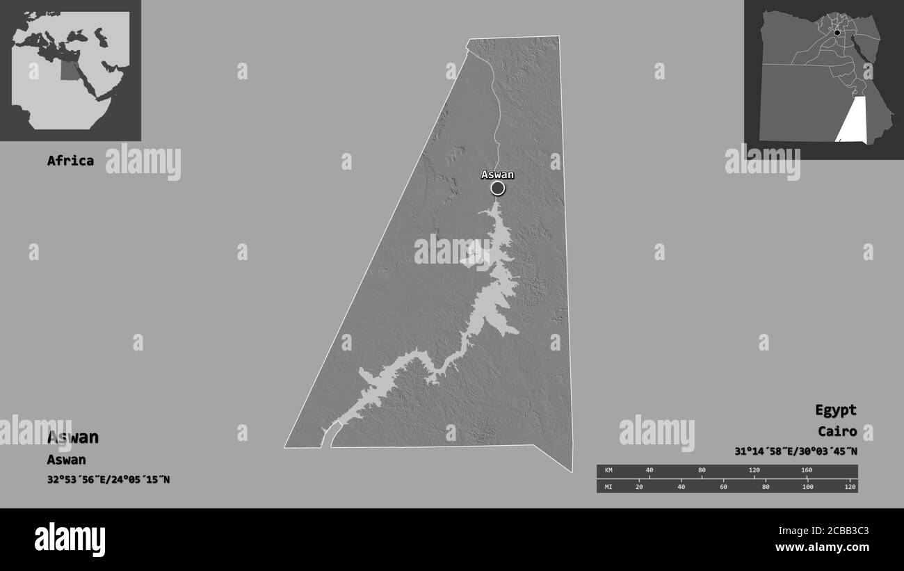 Form von Assuan, Gouvernement von Ägypten, und seine Hauptstadt. Entfernungsskala, Vorschauen und Beschriftungen. Höhenkarte mit zwei Ebenen. 3D-Rendering Stockfoto