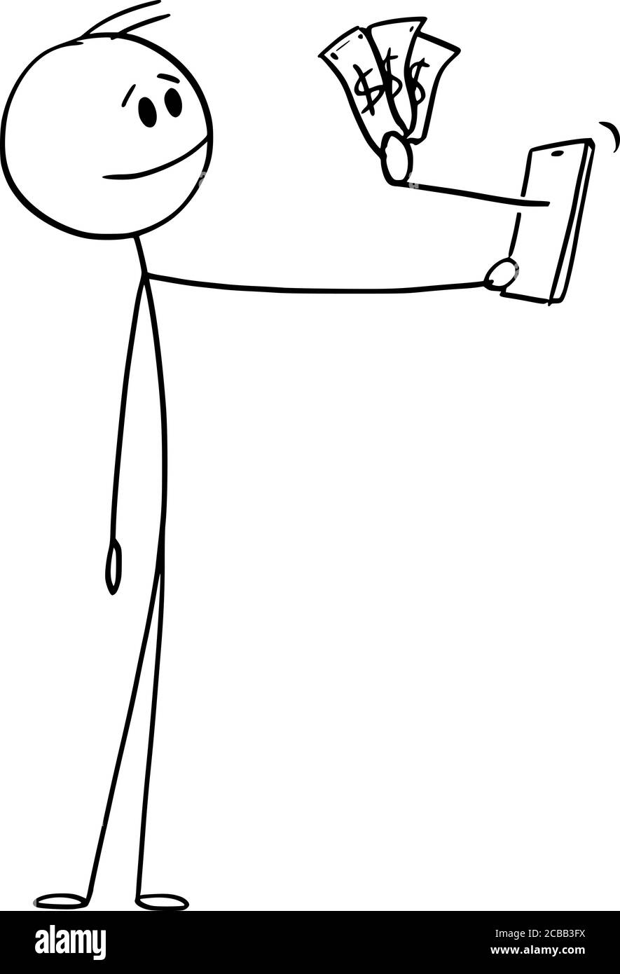 Vektor Cartoon Stick Figur Zeichnung konzeptionelle Illustration von Mann oder Geschäftsmann halten Handy, Hand ragt aus dem Gerät gibt ihm Geld. Online-Punkte sammeln. Stock Vektor