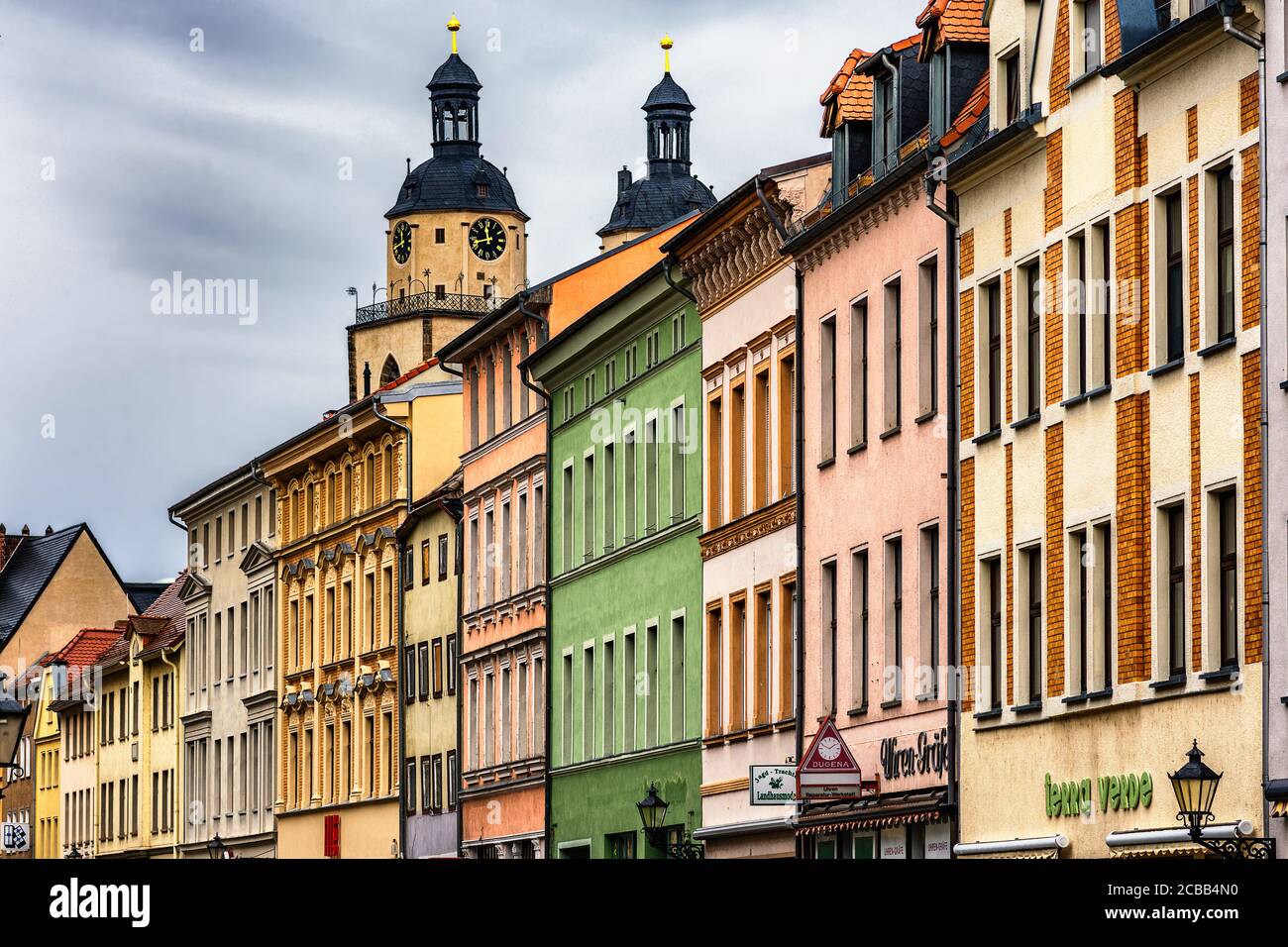 Wittenberg / Deutschland - 26. Februar 2017: Bunte Fassaden von Gebäuden in Lutherstadt Wittenberg, Stadt in Sachsen-Anhalt, Deutschland, wo Martin Luther Stockfoto