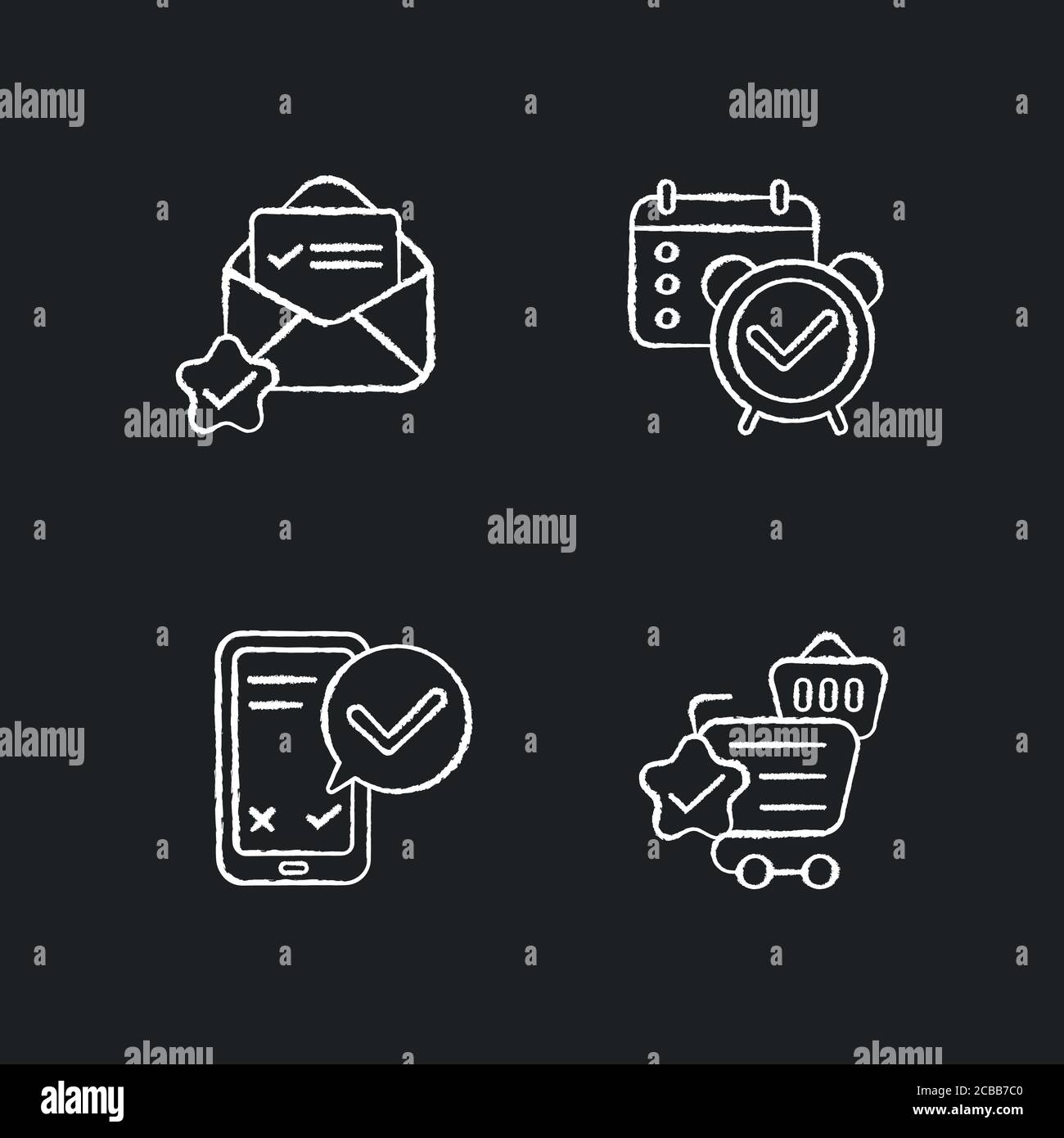 Service-Qualitätszeichen Kreide weiße Symbole auf schwarzem Hintergrund gesetzt. Erinnerung und Benachrichtigung des Veranstalters. E-Mail-Prüfung. Online-Warenkorb mit Häkchen Stock Vektor